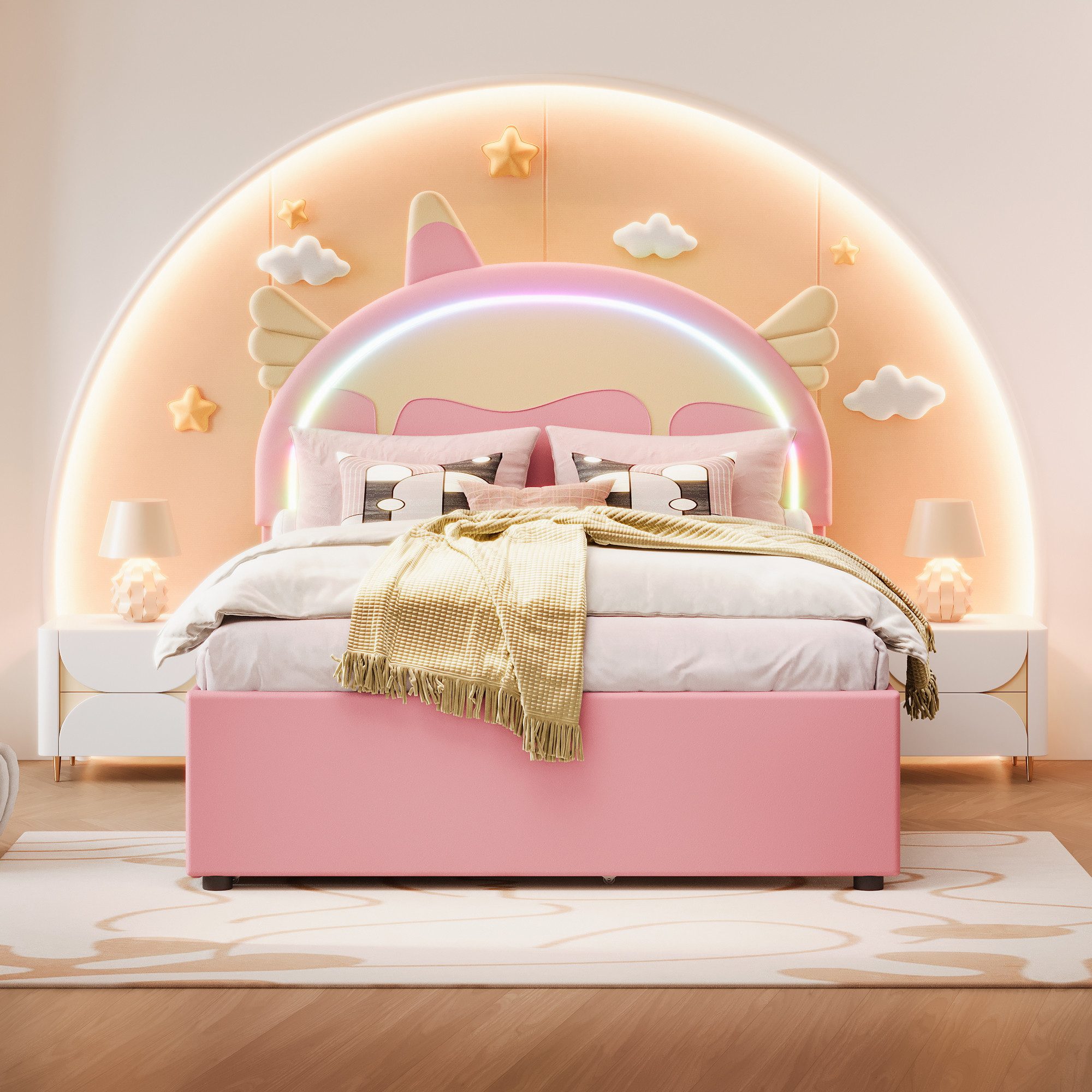 OKWISH Kinderbett Stauraumbett, Einhornform,Funktionsbett,kunstleder (140x2 günstig online kaufen