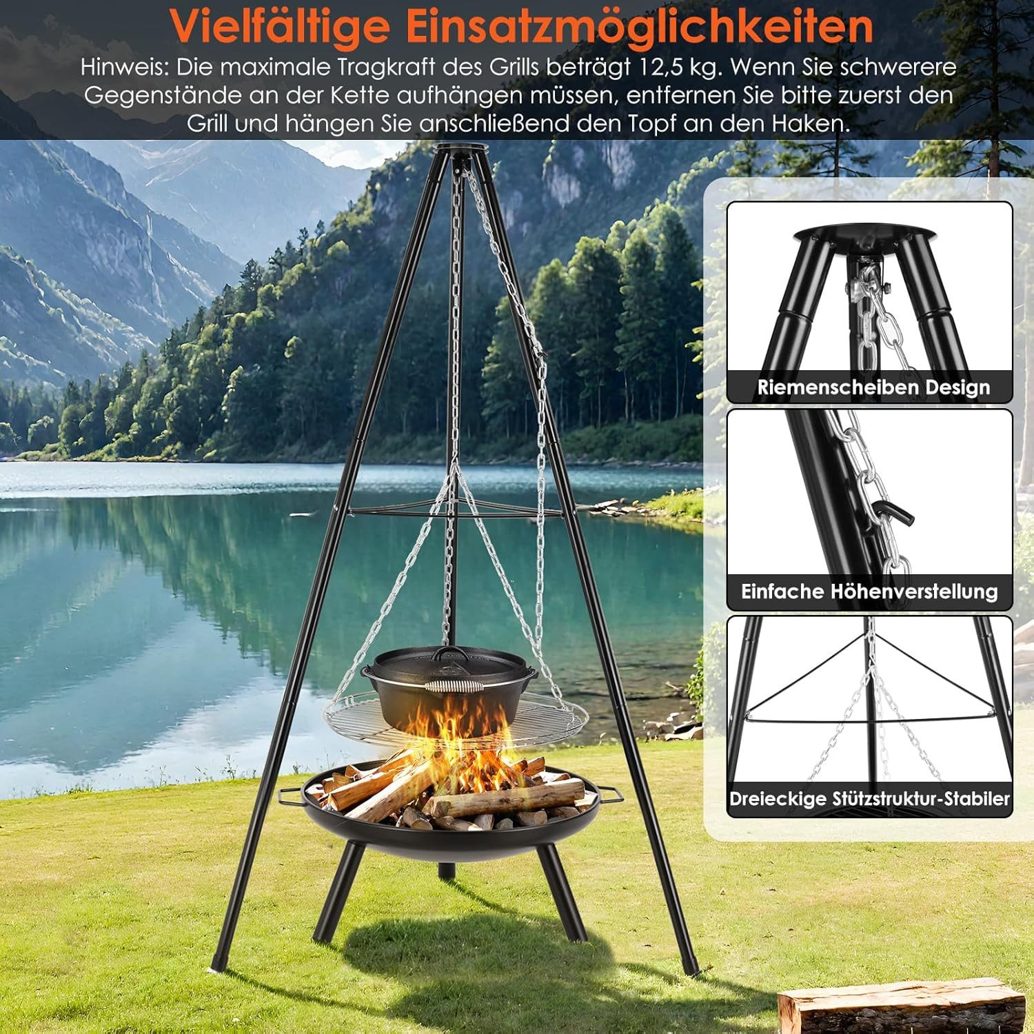 TLGREEN Fire Bowl with Height-Adjustable Chain (200 cm), (Fire Bowls for Garden, Camping, Yard), Swivel Grill with Fire Pit, Charcoal Grill, Grilling and Heating