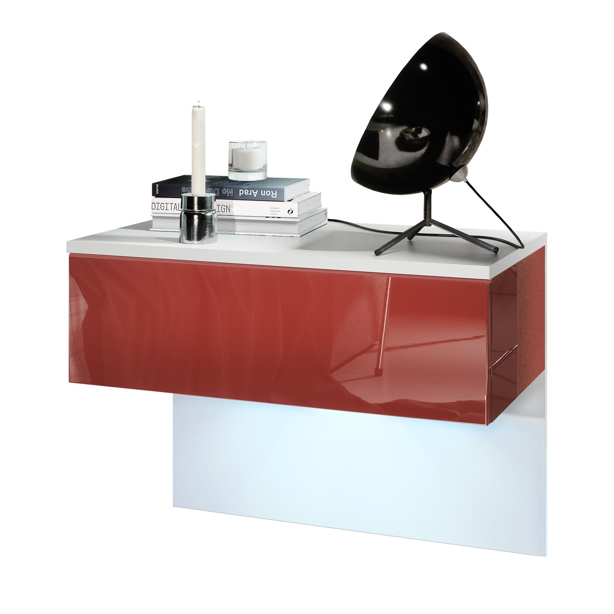 Vladon Nachttisch Sleep (Nachttischschrank, mit Schublade zur Wandmontage), Weiß matt/Bordeaux Hochglanz, inkl. LED-Beleuchtung (60 x 46 x 35 cm)