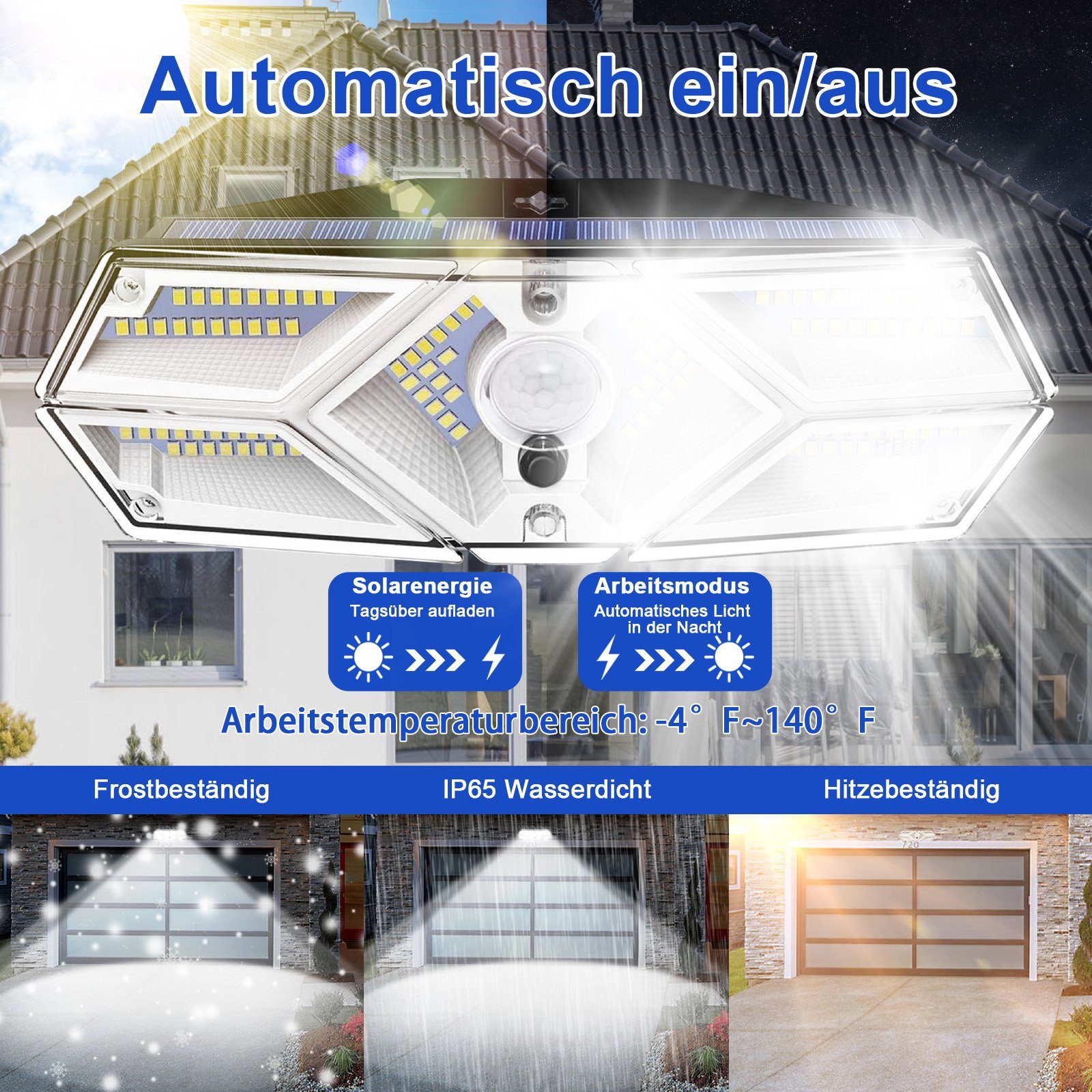 Sunicol LED Solarleuchte 104 LEDs Außen Patio mit Warmes Kaltweiß, Wandleuchte, 3 Arbeitsmodi, Rasen Bewegungsmelder, Garage 120-Grad-Abdeckung, drahtlos, für Hinterhof mit Veranda Weiß, Garten