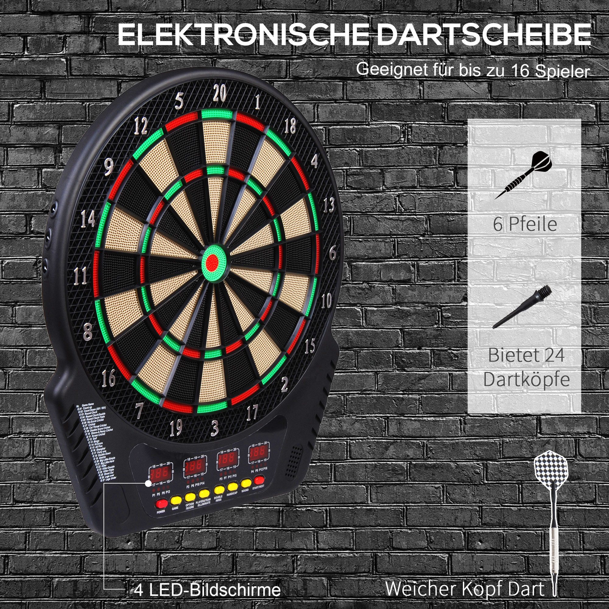SeedWave Dartscheibe Elektronische Dartboard, 6 Darts, 24 Dartköpfen, 243 Spielvariationen, für 16 Spieler, interaktive Soundeffekte, große Auffangfläche