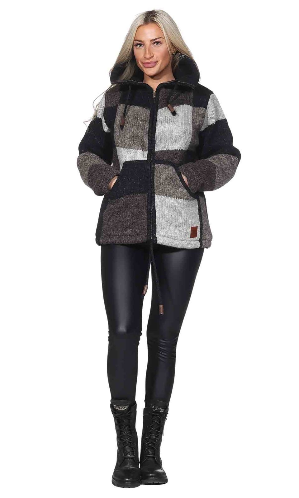 KUNST UND MAGIE Strickjacke Damen Strickjacke Wolle Bunte Patchwork Jacke+Fleecefutter&Hochkragen