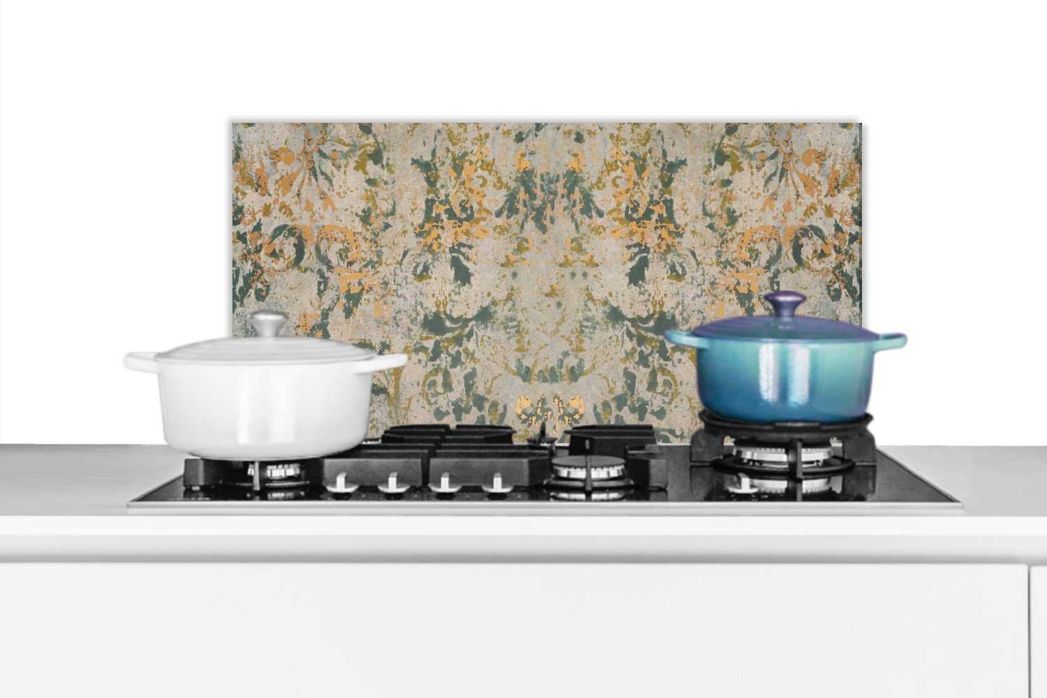 Küchenrückwand Wandschutz, (1-tlg), cm, Fett 60x30 für Vintage Schmutzflecken MuchoWow Küchen - Marmor Marmoroptik, - und - gegen - Gold Türkis
