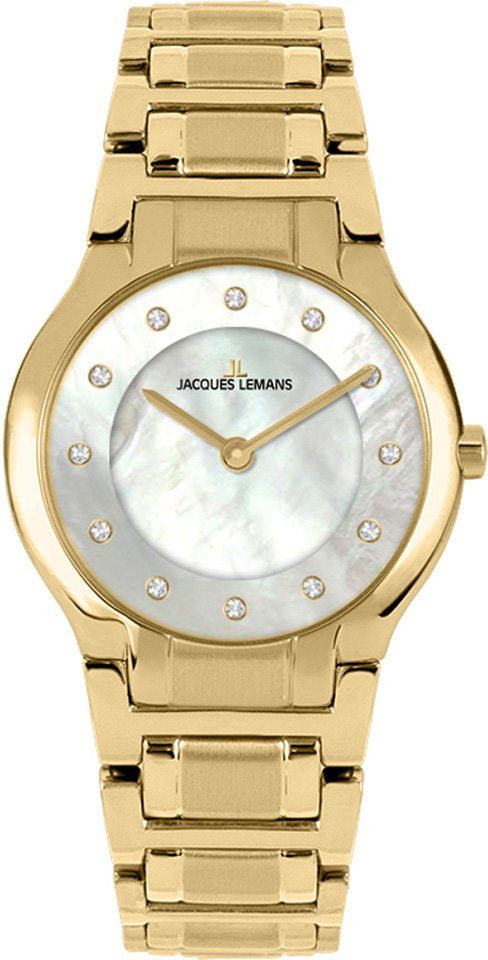 Jacques Lemans Quarzuhr 1-2167F, Armbanduhr, Damenuhr, Perlmutt-Zifferblatt, Glaskristalle