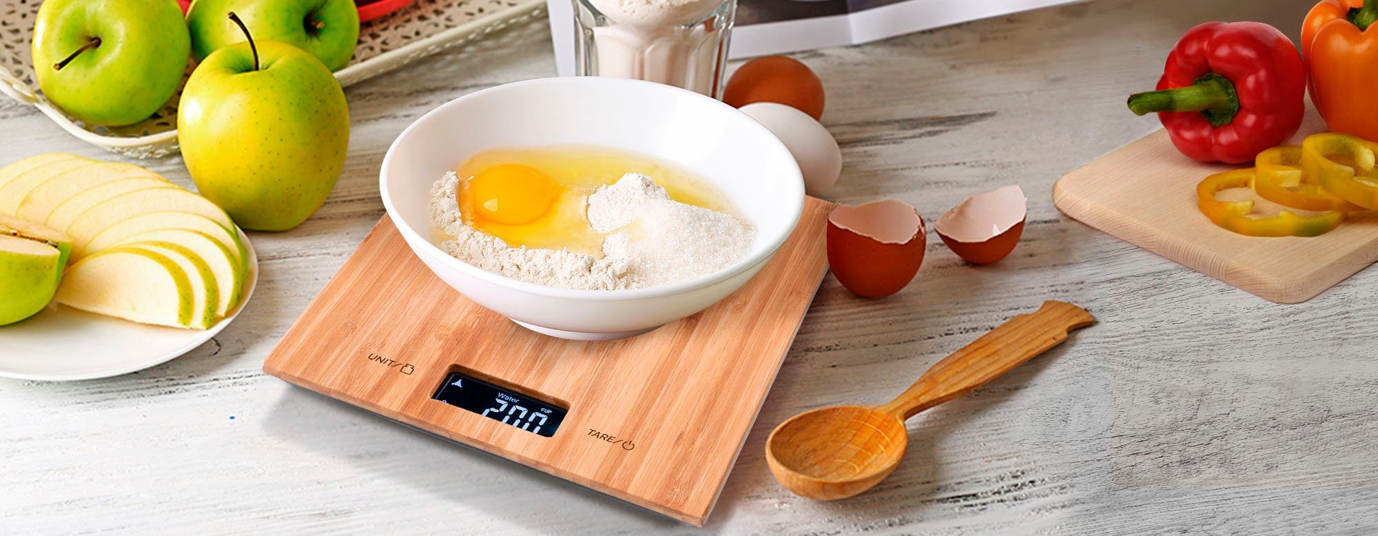 eta Küchenwaage Bambi, ETA977890000, (3-tlg), bis 5kg, Genauigkeit 1g, LCD-Display, TARE, Bambus Design