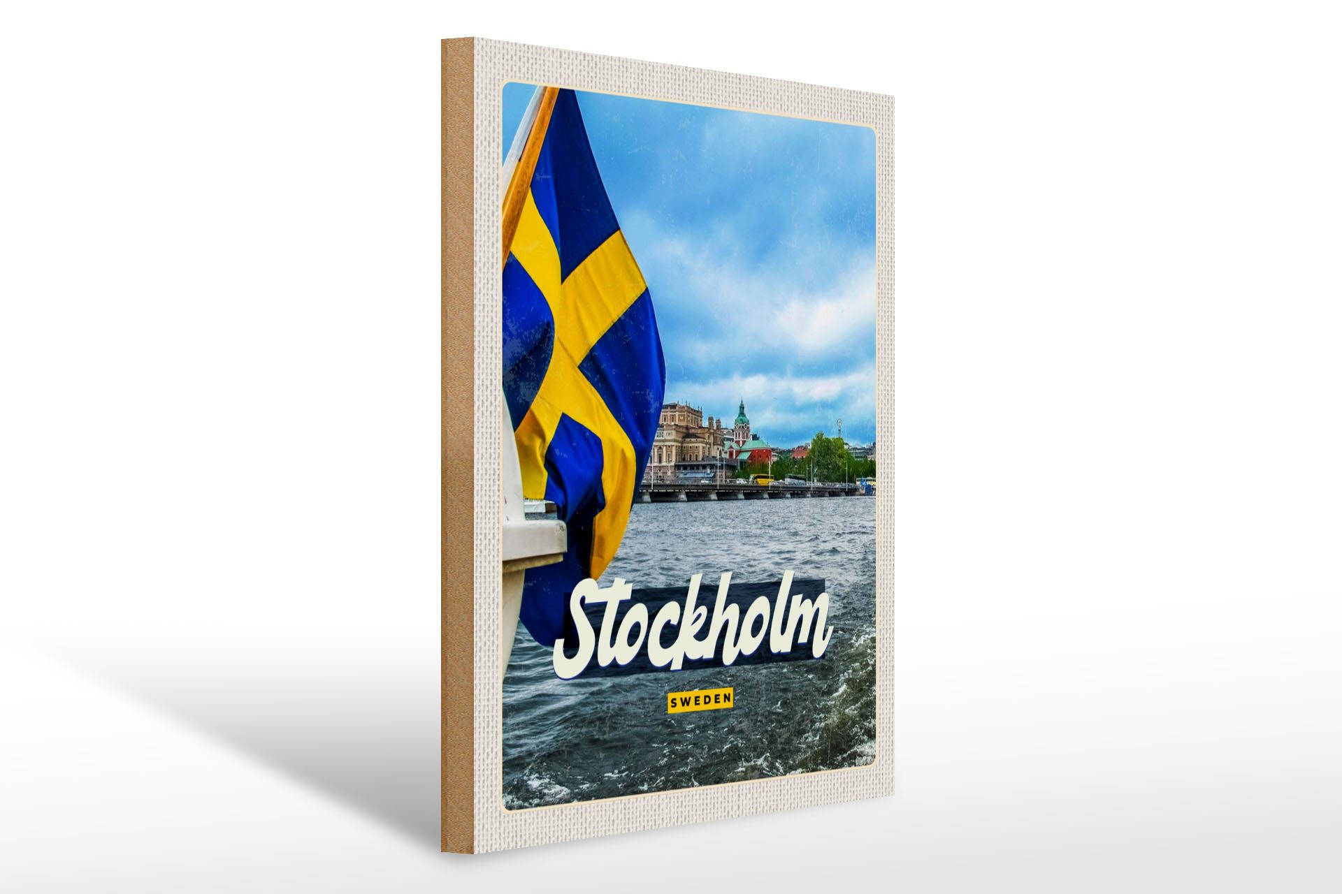 Holzbild Reise 30x40cm Stockholm Schweden Bootstour Meer