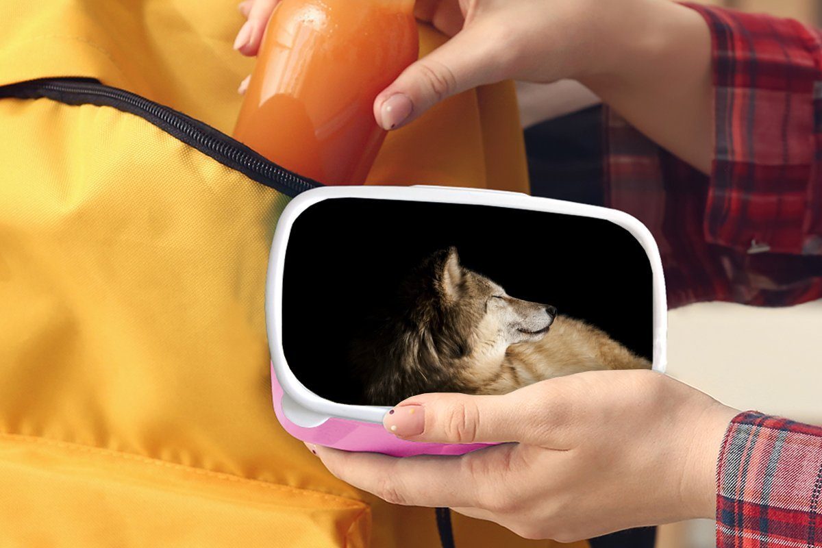 für Erwachsene, Lunchbox Brotbox Kunststoff Zufriedener Polarwolf, rosa Snackbox, Mädchen, (2-tlg), Brotdose Kunststoff, Kinder, MuchoWow