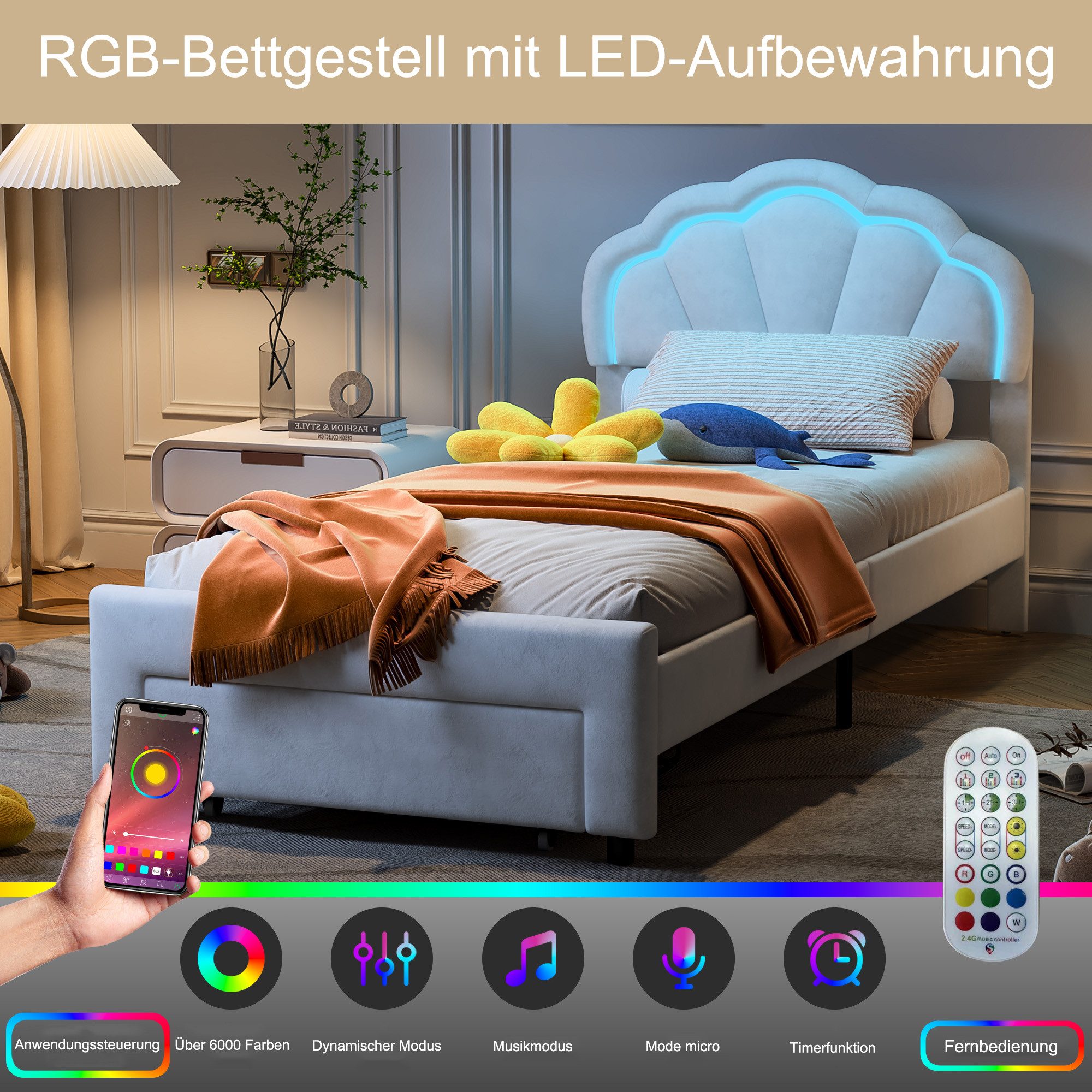 Yelenaro Kinderbett Polsterbett Mit Schubladen (Packung, 1-tlg), 90x200 cm,Kopfteil und Bettgestell,Samtstoff,Weiß – Bild 3 von 5