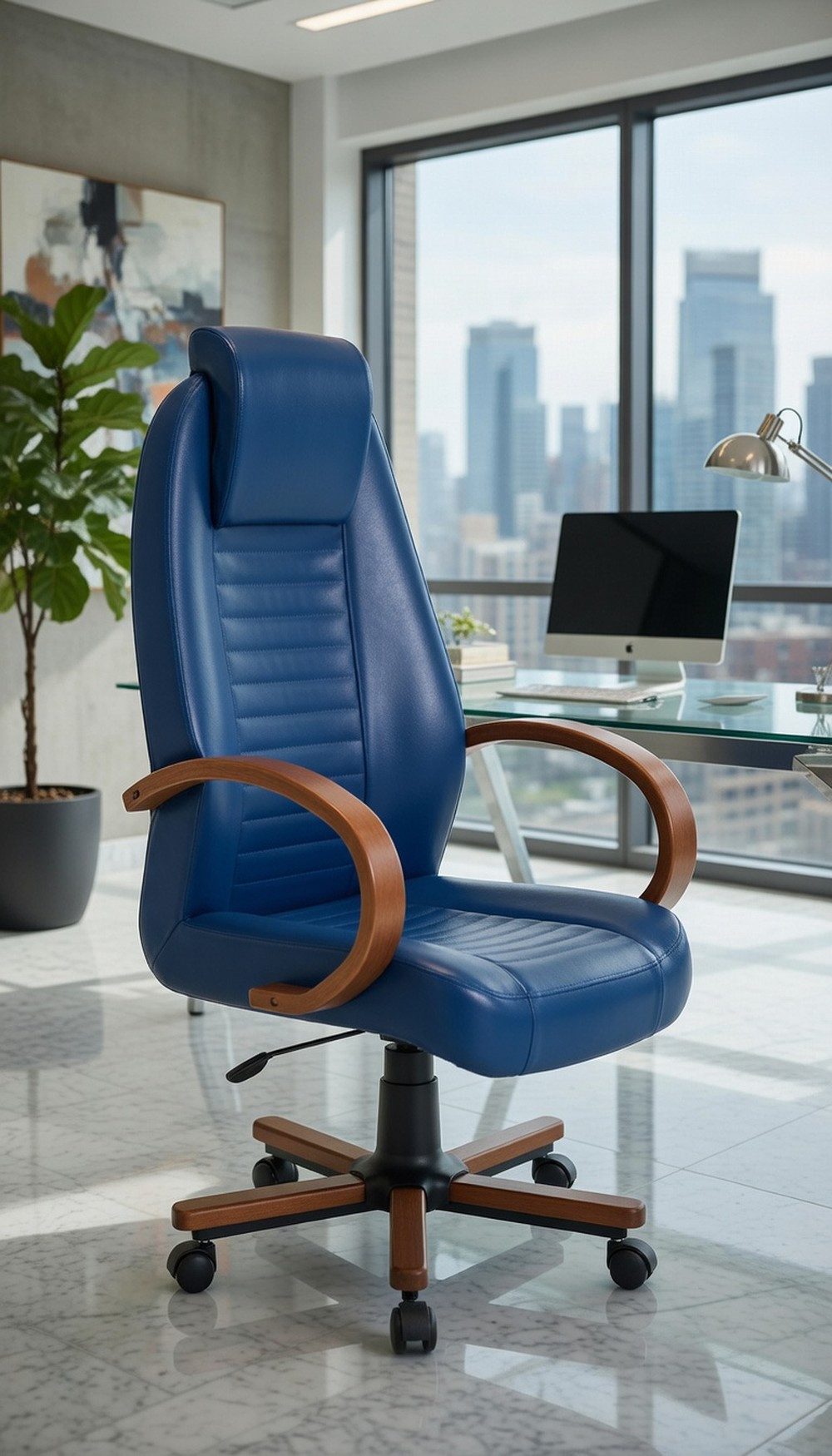 JVmoebel Chefsessel Bürosessel Blau mit Holzarmlehnen und Drehfunktion, Made in Europa