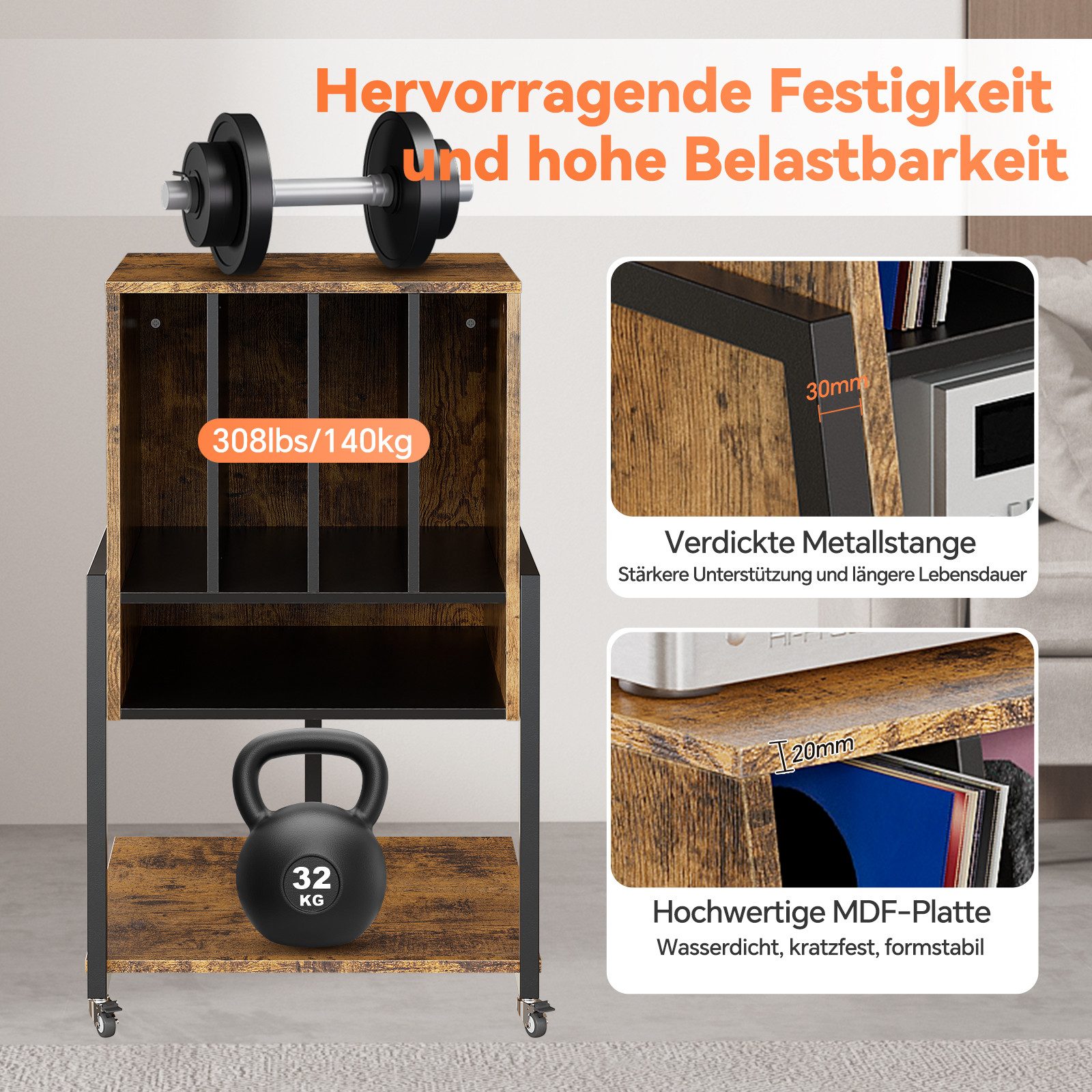 TWSOUL TV-Regal Plattenspieler Tisch HiFi Rack TV Rack mit Rollen aus Holz und Metall, Plattenspieler-Wagen Für Schallplatten Kompaktanlage, 43x53.4x73.6CM