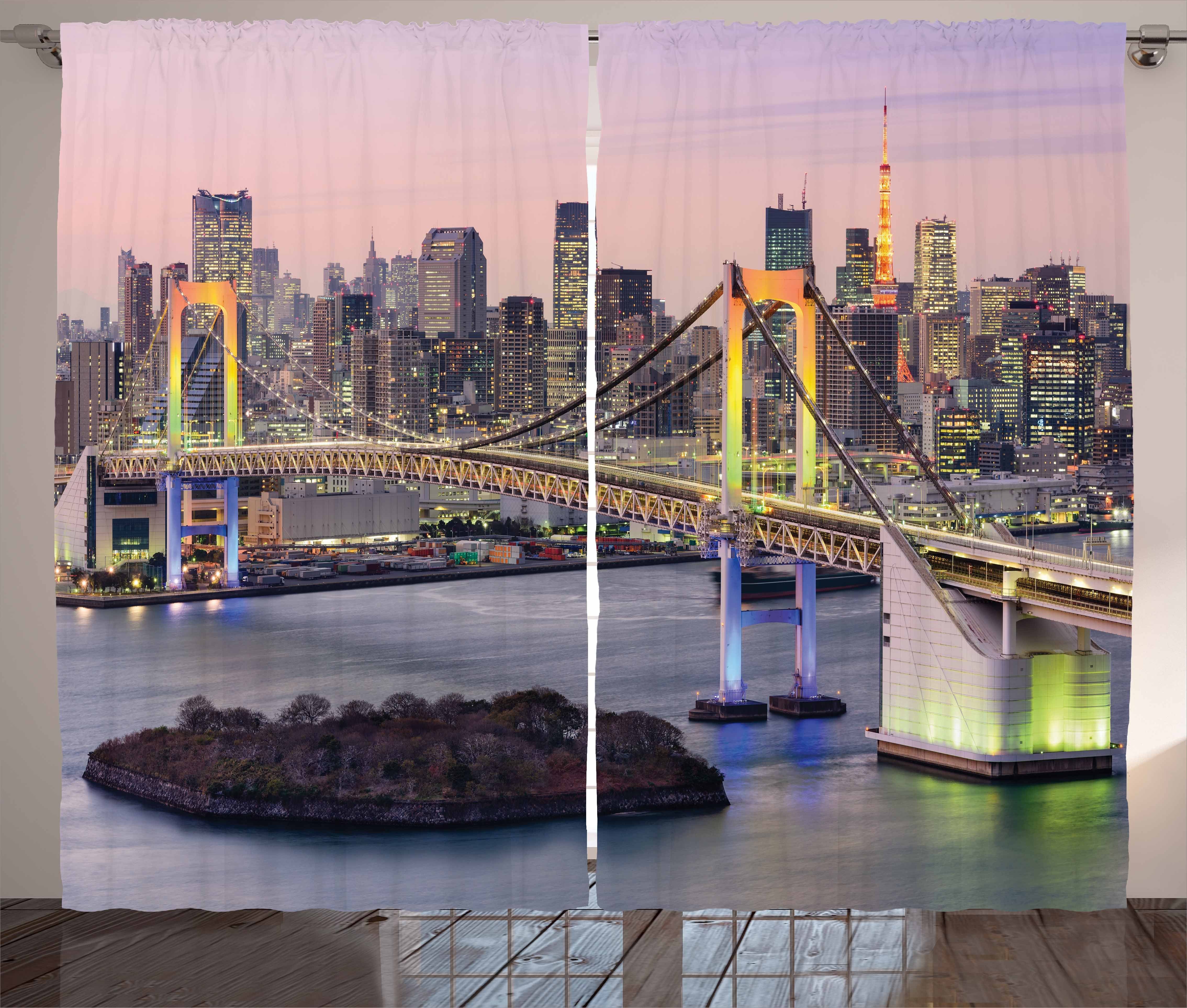 Gardine Schlafzimmer Kräuselband Vorhang mit Haken, Brücke Stadtansicht Tokyo Japan Schlaufen und Abakuhaus