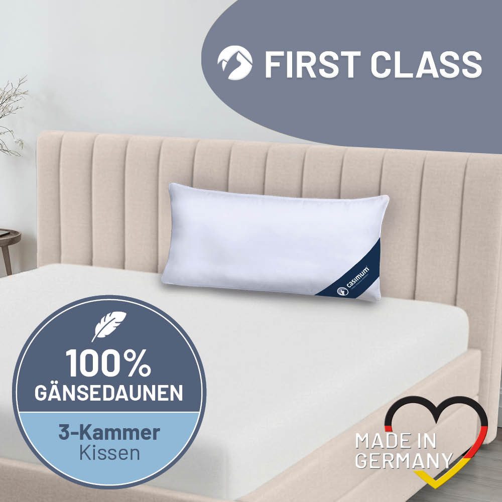 casimum 3-Kammer-Kopfkissen FIRST CLASS Daunenkissen 80x80, Kopfkissen 40x80, weich & stützend, Füllung: 100% Gänsedaunen, Klasse 1 (Außenkammer), Bezug: 100 % Baumwolle, Rückenschläfer, Seitenschläfer, hergestellt in Deutschland, für Allergiker geeignet, 80x80cm, 40x80cm