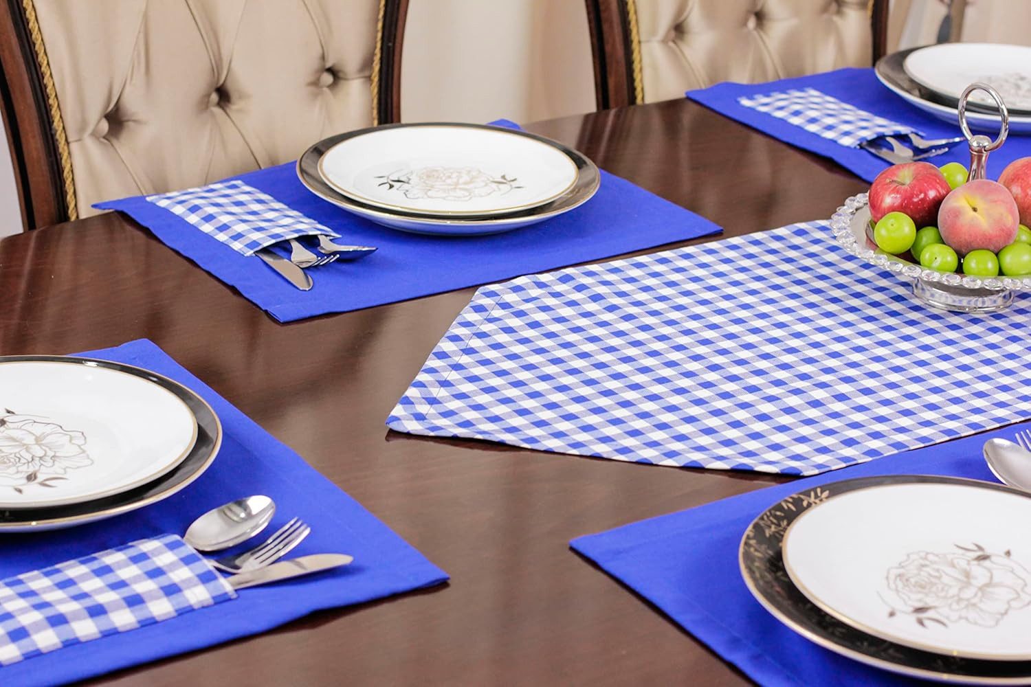 Ekershop Tischläufer und 6 Platz-Matten Set Tischset Platzset Platzdecken Blau Kariert (Kariert)