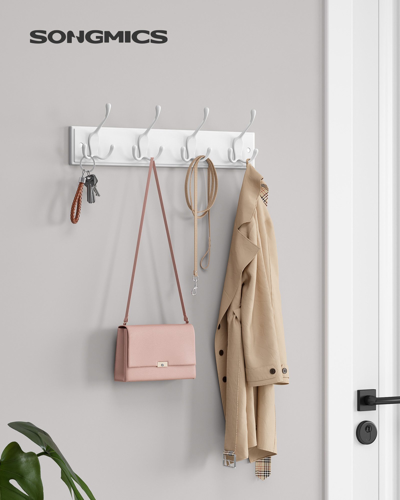 SONGMICS Wandgarderobe Garderobenleiste, Hakenleiste für Kleidung, Taschen, vormontiert, weiß (1er Set), 4 Dreifach-Kleiderhaken, 40 x 11 x 7 cm (L x B x H)