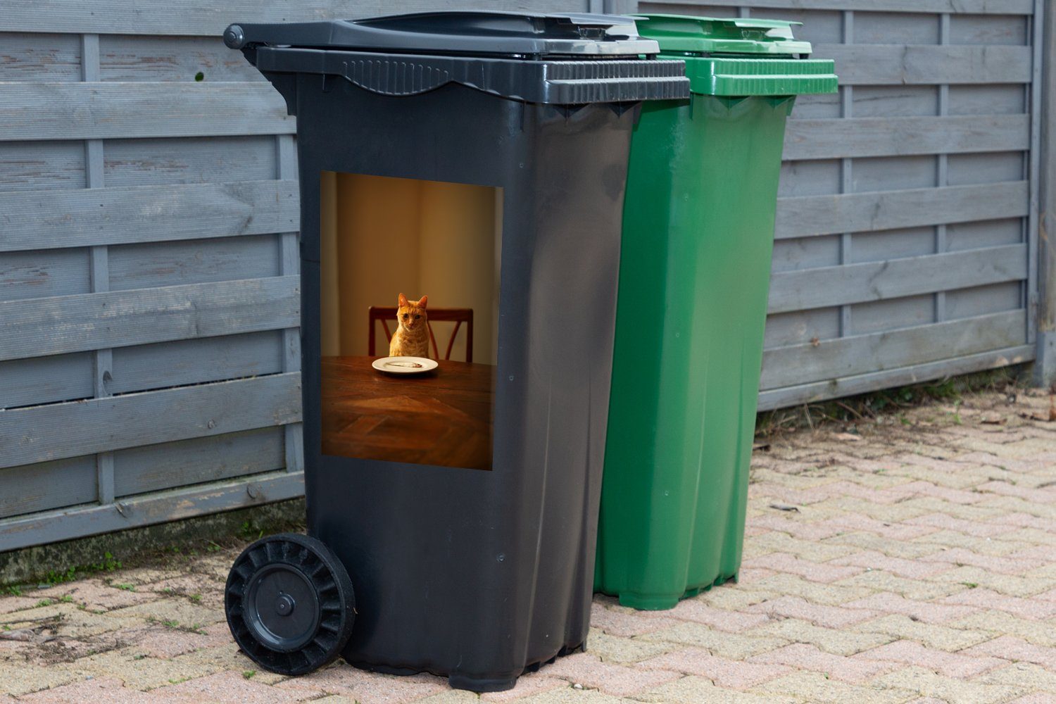 Wandsticker Mülleimer-aufkleber, Container, Esstisch - (1 Teller Katze Mülltonne, Abfalbehälter St), Sticker, - MuchoWow