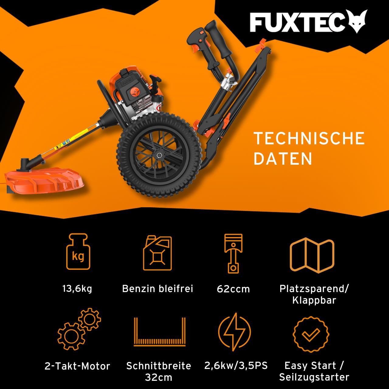 FUXTEC Benzin-Motorsense FX-FSR162, 32 cm Arbeitsbreite Messer, 62ccm, 32cm Schnittbreite ergonomisches Design, Tippautomatik