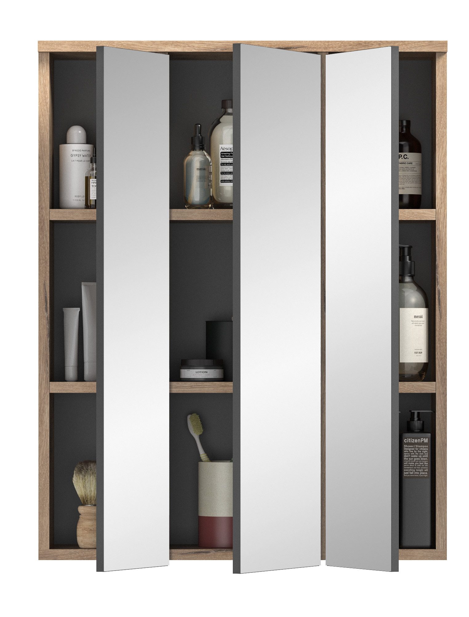xonox.home Spiegelschrank (2tlg. Set bestehend aus Spiegelschrank, Badaufsatzleuchte) Nox Oak Nachbildung Spiegelglas Softclose Melamin Modern 60x77x37 cm
