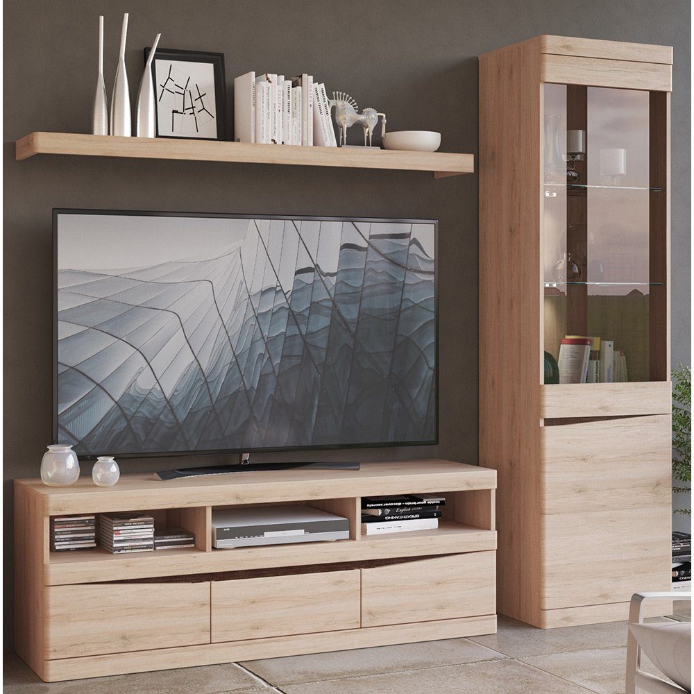 Lomadox Wohnwand SANFORD-129, (3-St), San Remo Eiche hell Nb., TV Wand mit Beleuchtung, 220/196,5/40 cm