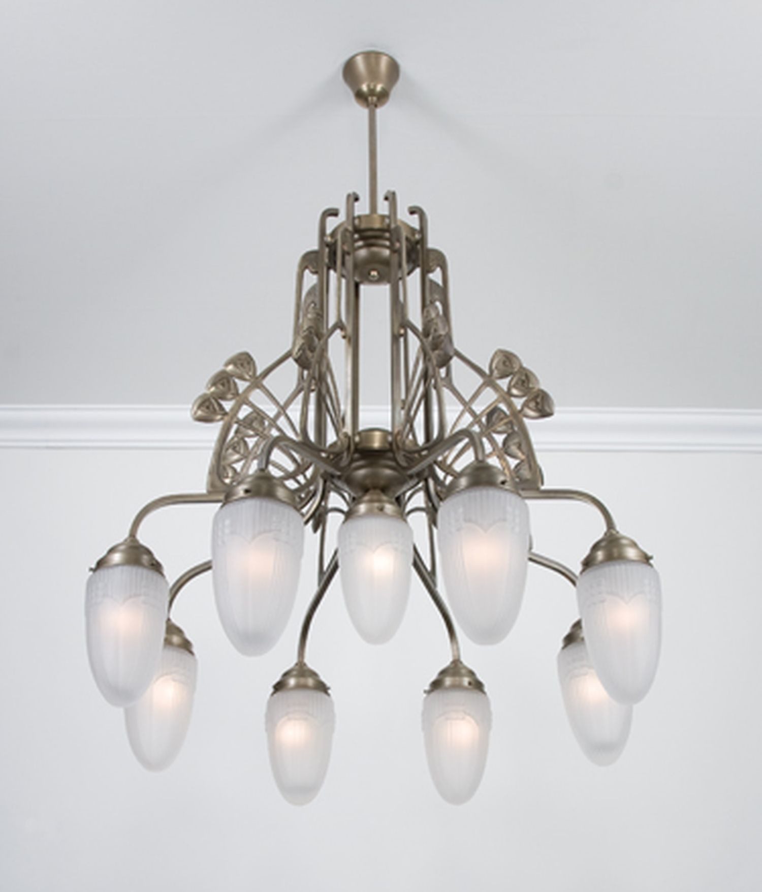 Licht-Erlebnisse Pendelleuchte D288, ohne Leuchtmittel, Messing Glas E27 H: max. 138 cm in Berliner Weiß matt Jugendstil