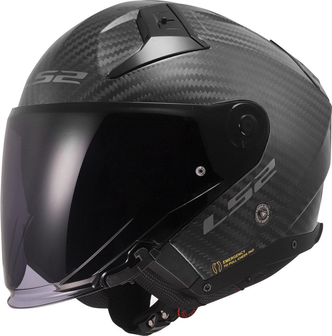 LS2 Motorradhelm OF603 Infinity II Carbon Jethelm, Notfallsystem-Polsterung (EQRS),integriertes Sonnenvisier