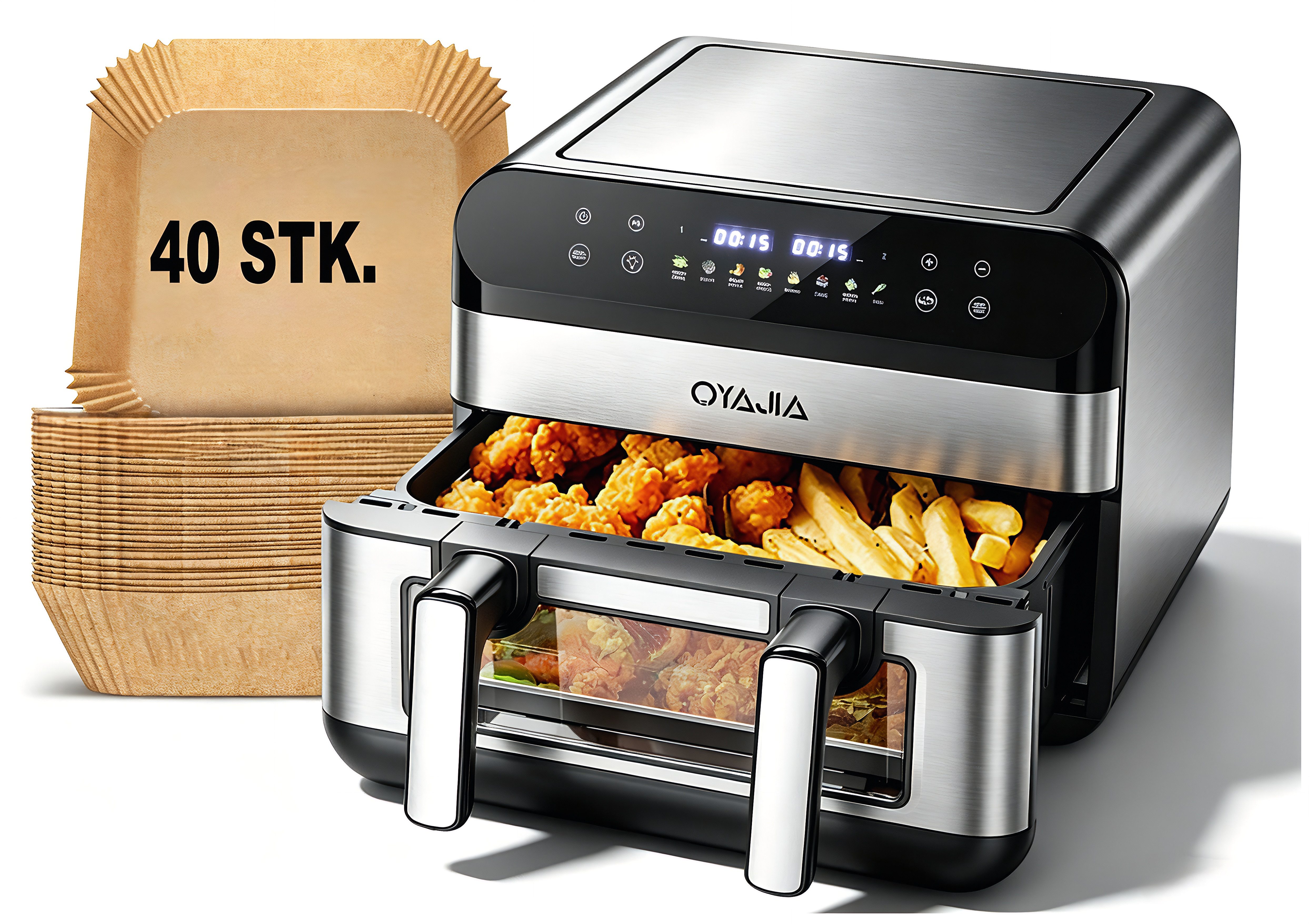 Heißluftfritteuse Heißluftfritteuse 11L 2 Kammern mit 40 Backpapier – 2800W Airfryer, 8-in-1 Air Fryer mit Sichtfenster und Innenlicht, Einzel oder Doppelkammer, Groß für 4–7 Personen