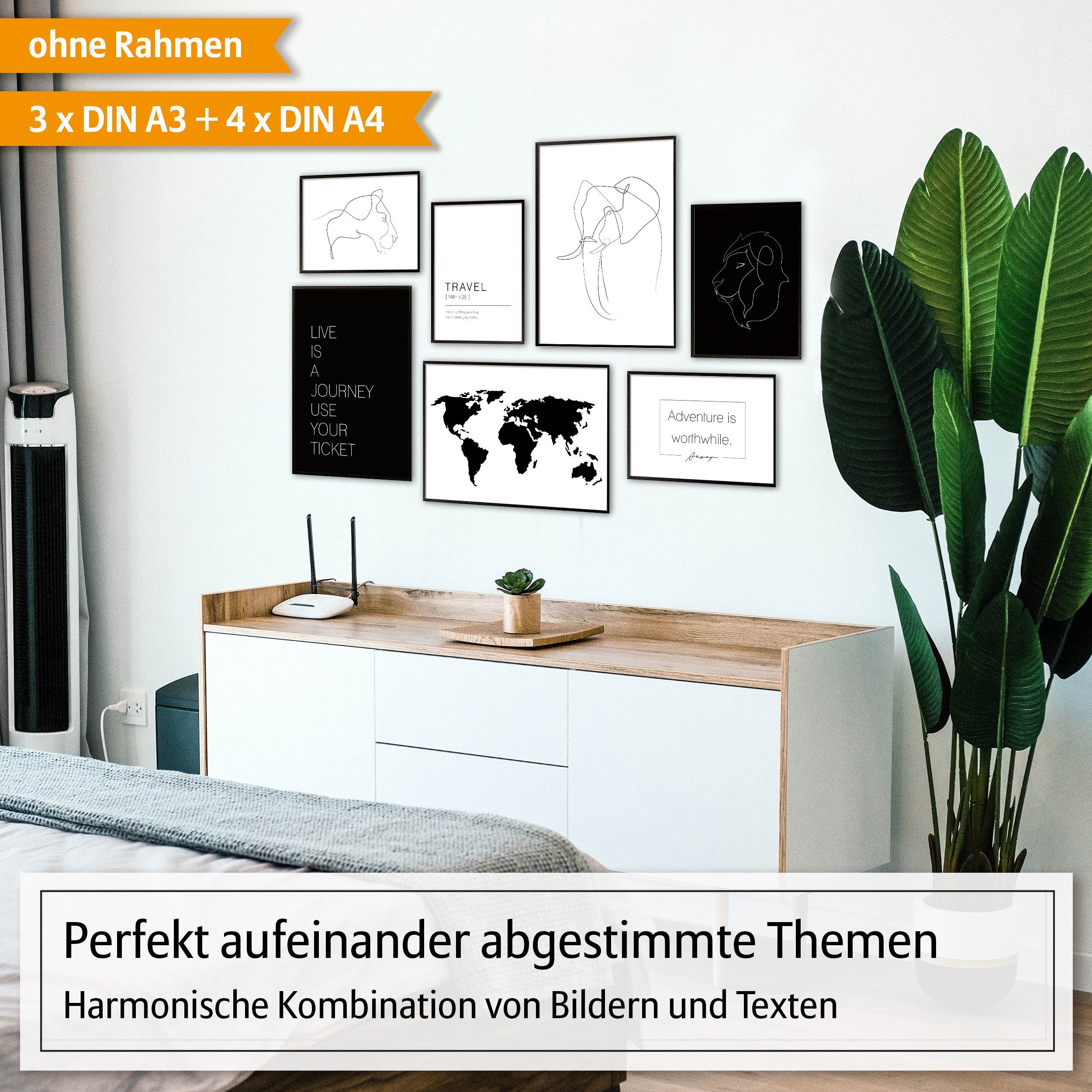 Hyggelig Home Poster Afrika, Premium Poster Set OHNE & MIT Rahmen - Wandbilder schwarz weiß, Tier (Set, 7 St), Collage Line Art, Qualitätsdruck auf dickem Papier