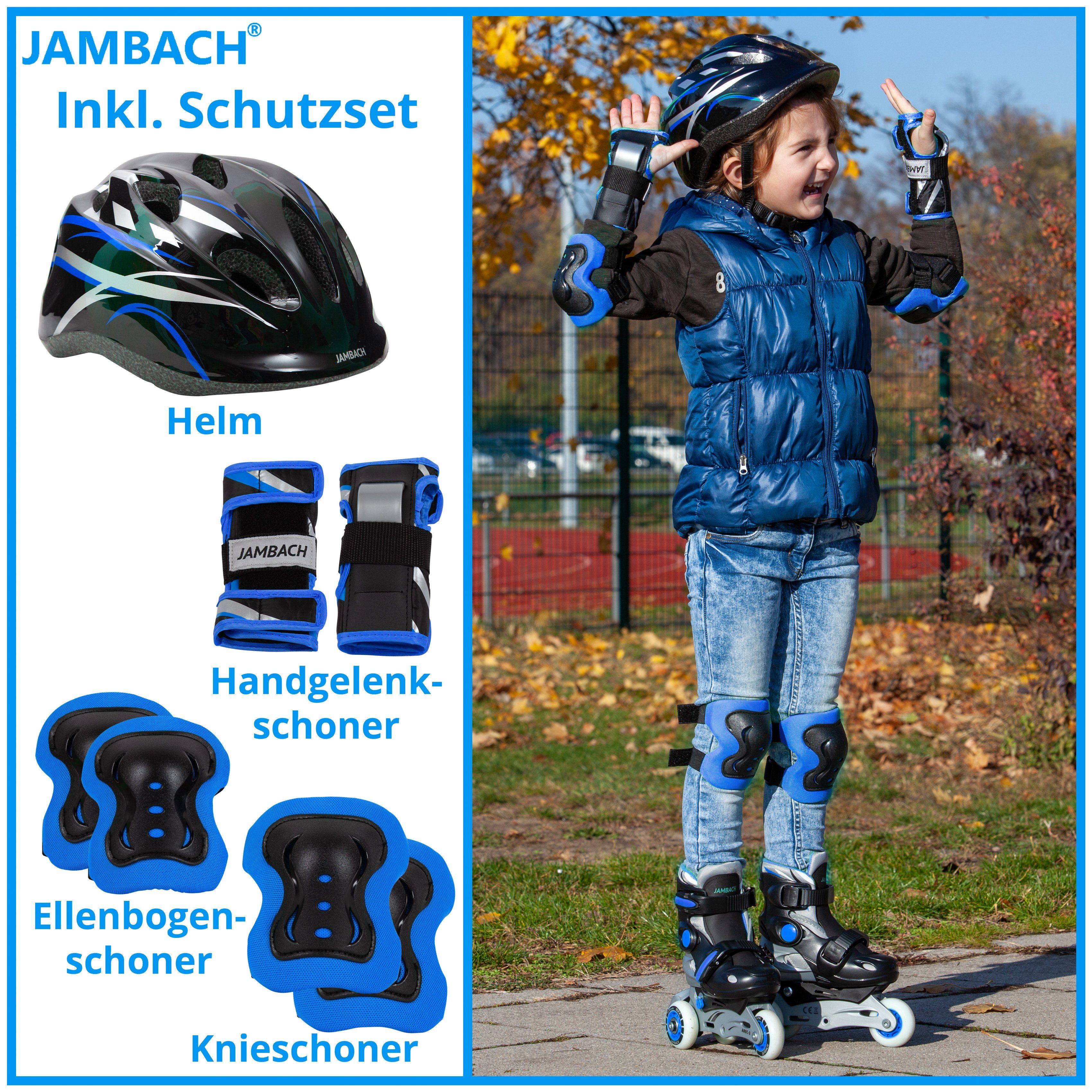 JAMBACH Inlineskates, (Set, Inliner, Einsteiger Rucksack), Rolle Set blinkende blau Protektoren, verstellbare Größe Helm