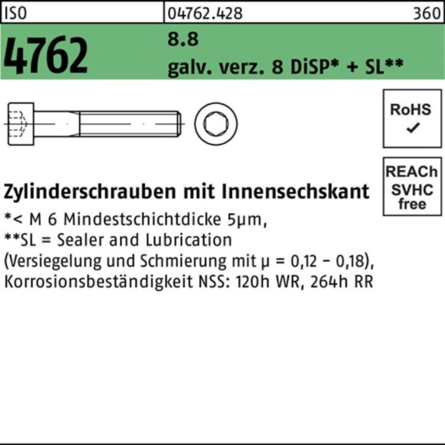 Reyher Zylinderschraube 500er ISO galv.verz. 4762 8.8 8 Pack Innen-6kt Zylinderschraube M4x12