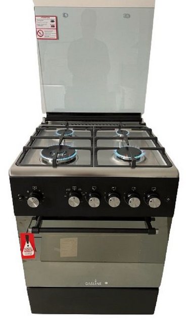 Gasline Gas-Standherd mit Gasbackofen mit Thermostat, 60cm breit SHGG6060FGWB, mit Grill, Umluft & Beleuchtung, Schwarz/Edelstahl, Zündsicherung, elektrische Zündung, Erdgas Propangas