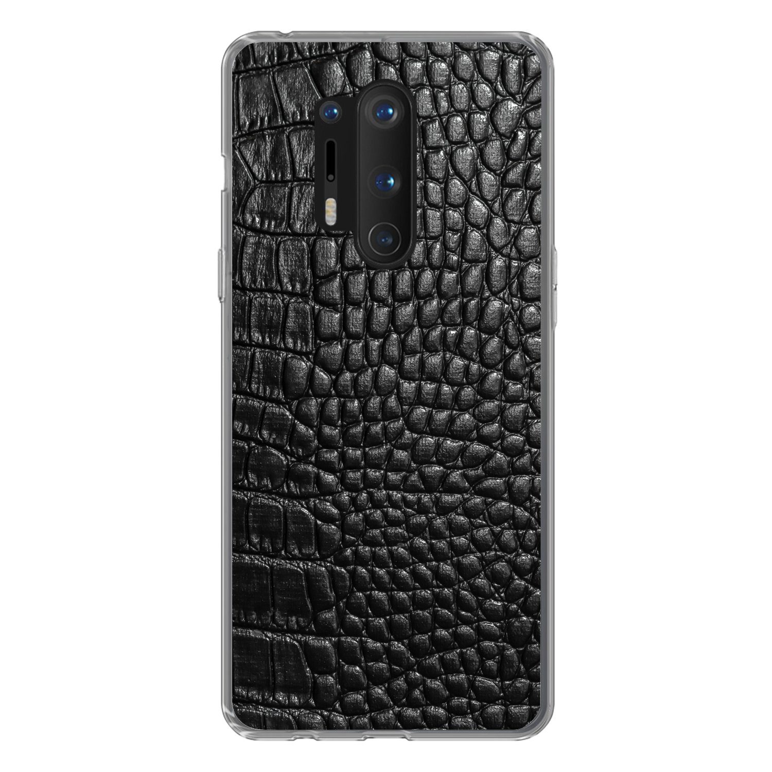 MuchoWow Handyhülle für OnePlus 8 Pro Leder - Strukturiert - Schwarz - Grau, Phone Case, Silikon, Schutzhülle Dünn