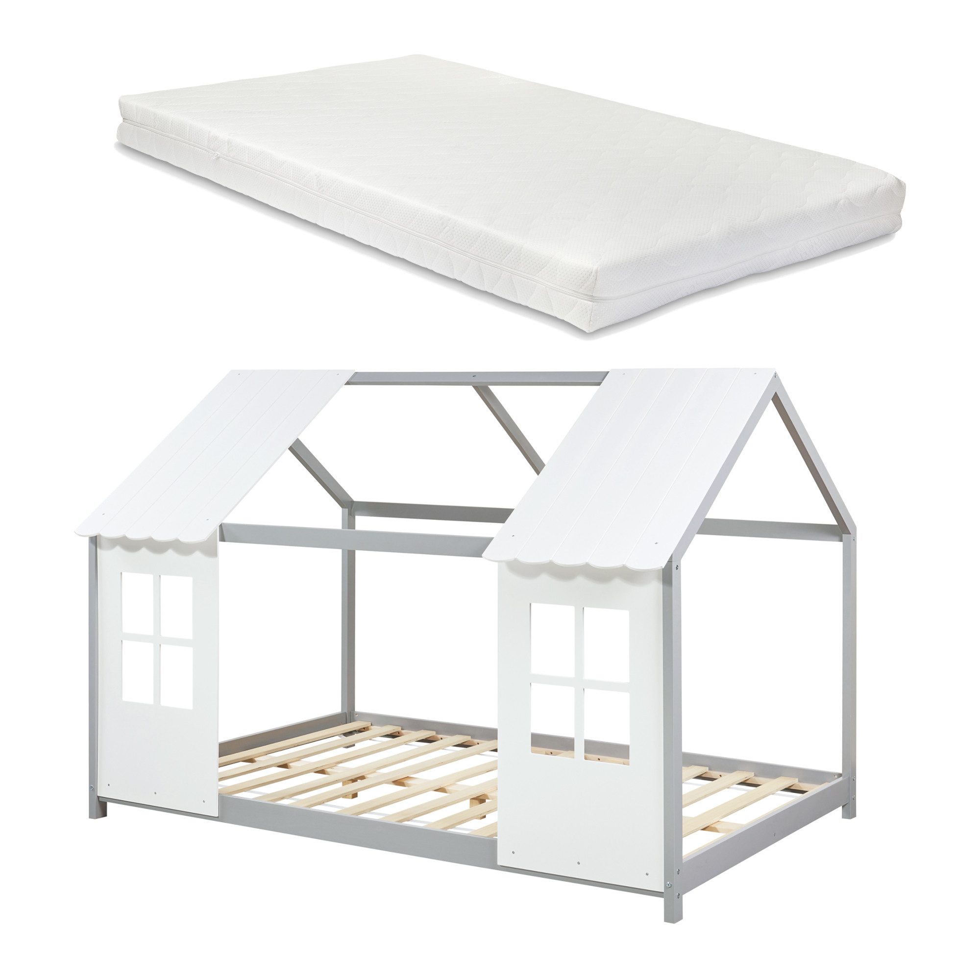 en.casa Kinderbett (Bett und Matratze), »Tostedt« mit Matratze Hausoptik 140x200 cm Grau/Weiß