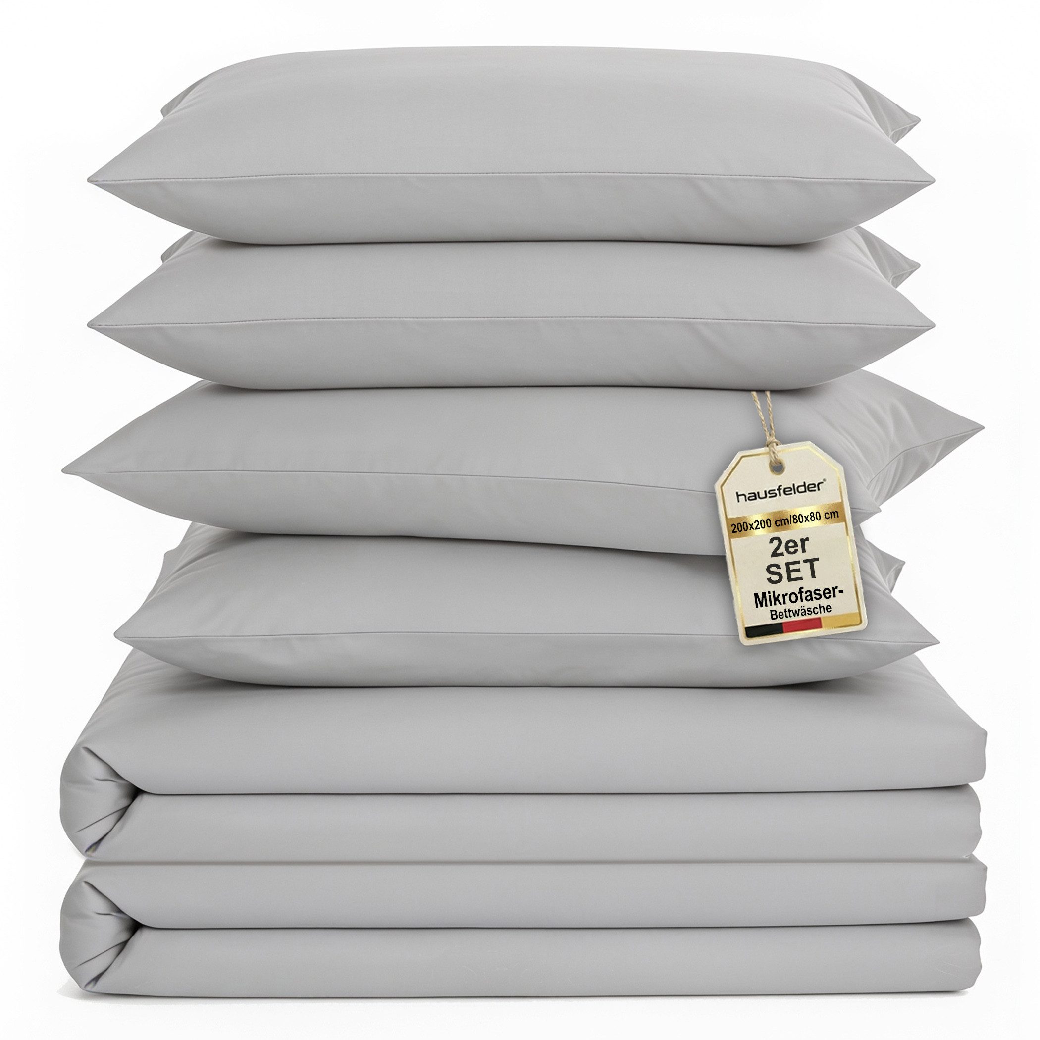 Hausfelder Bettwäsche 6er Set Mikrofaser (Hellgrau, 2xDecke 200x200 4 x Kissen 80x80, 100% Mikrofaser, 6 teilig, Bettwäsche, weich, pflegeleicht, mit Reißverschluss