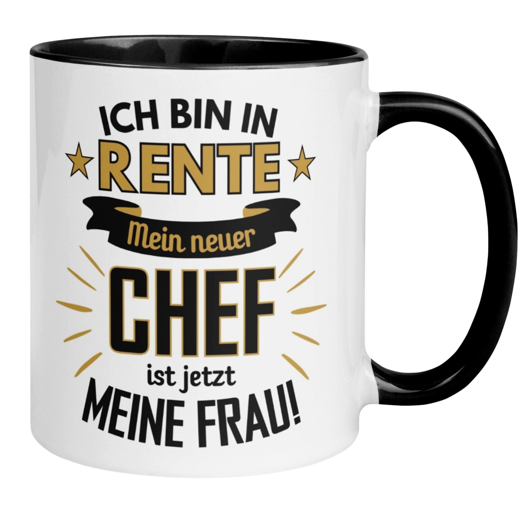 Momentals Tasse Rentner – „Mein neuer Chef ist jetzt meine Frau“ – Geschenk Rente Mann, Beidseitiger Druck · Links- & Rechtshänder · Spülmaschinenfest