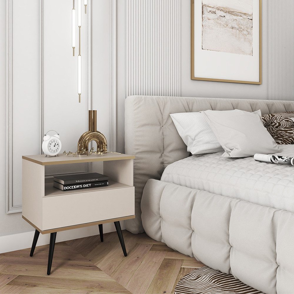Lomadox Nachtschrank OLOVO-160 Beige, goldfarbenen Details, Schublade, Metallbeine in Schwarz