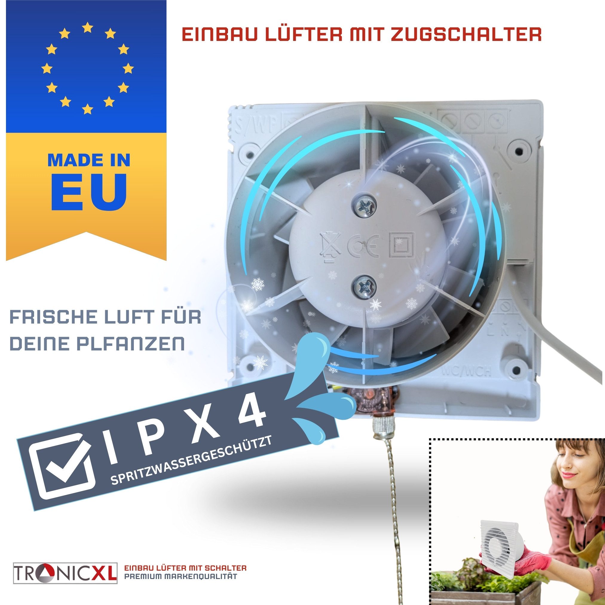 TronicXL Turboventilator IPX4 125mm 150m³/h Abluft Zuluft Grow Lüfter Ventilator für Growbox, 14.7 cm Durchmesser
