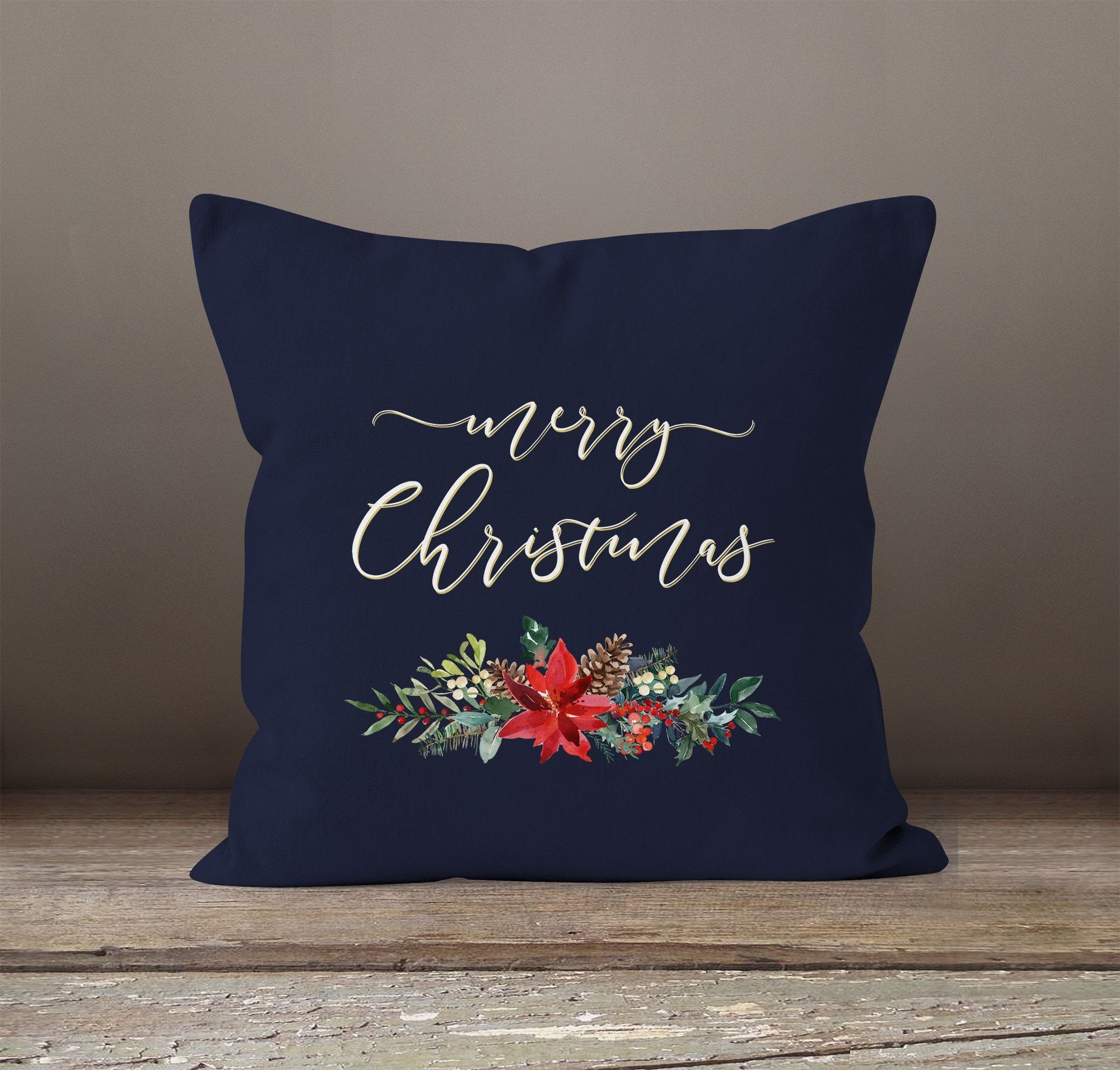 Autiga® Kissenbezug Frohe Weihnachten navy Christstern Blumen Merry Weihnachtsstern Christmas Flower Dekokissen Autiga Weihnachten