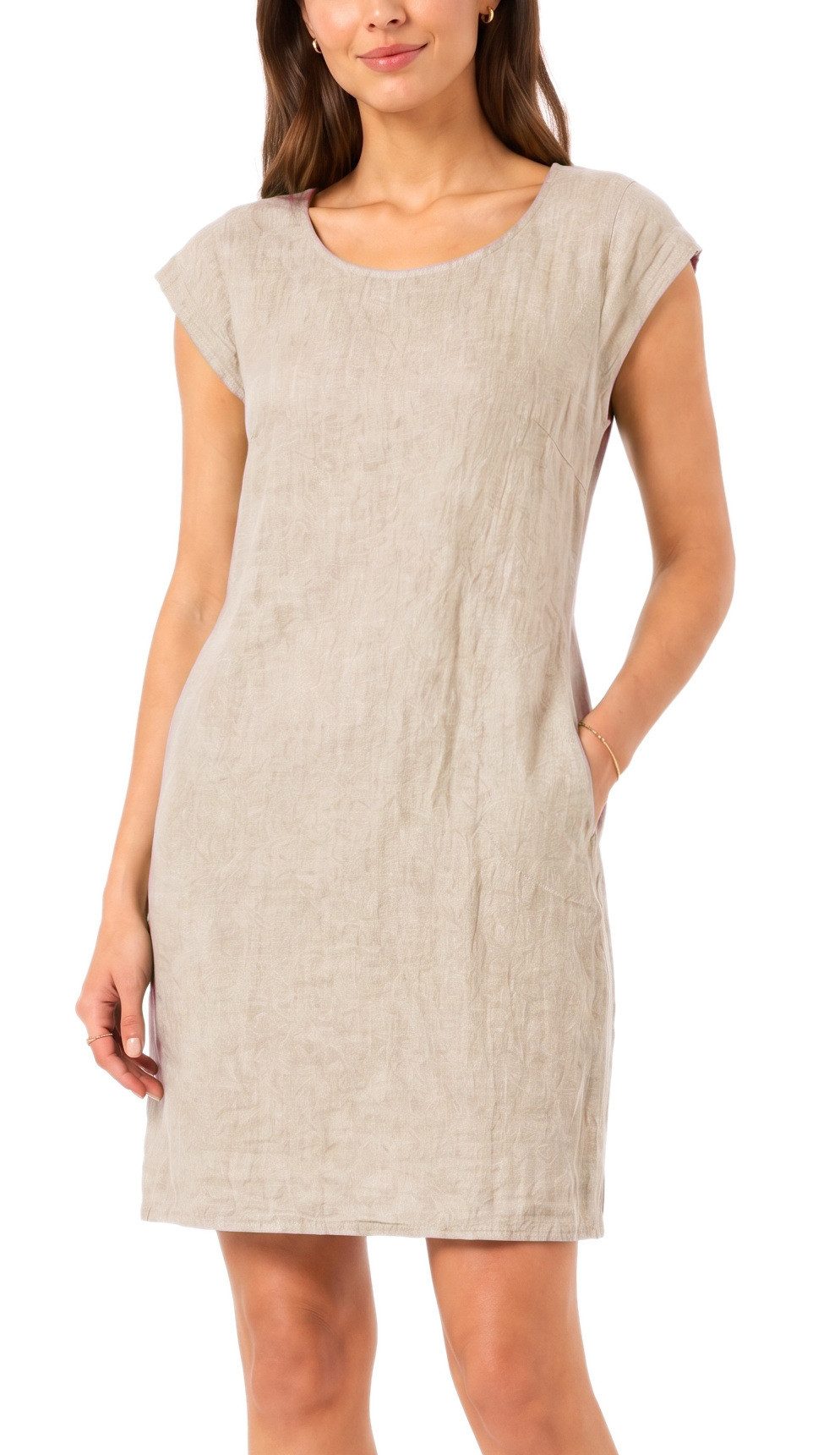 dy_mode Midikleid Einfarbiges Damen Leinenkleid Sommerkleid Kurzarm Midi Kleid in Unifarbe, mit Eingriffstaschen, leicht taillierte Passform