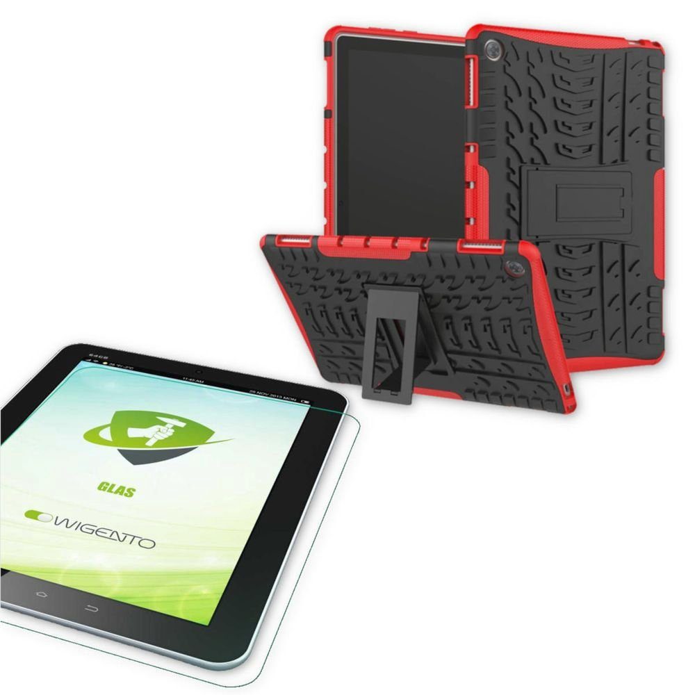 Wigento Tablet-Hülle Für Huawei MediaPad M5 Lite 10.1 Zoll Hybrid Outdoor  Schutzhülle Rot Tasche + 0.4 H9 Schutzglas