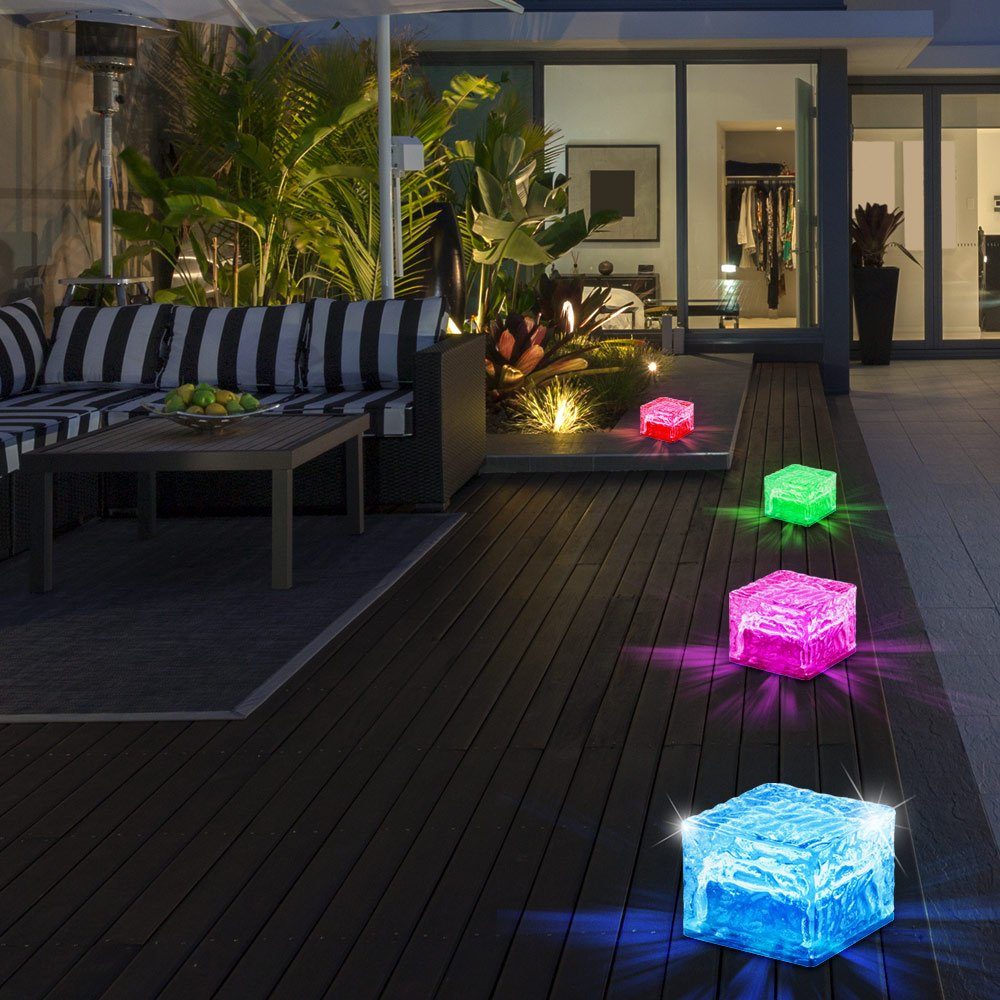 etc-shop Gartenleuchte, LED-Leuchtmittel fest verbaut, Farbwechsel, 4er Set RGB LED Solar Leuchten Farbwechsel bunt Eis Würfel