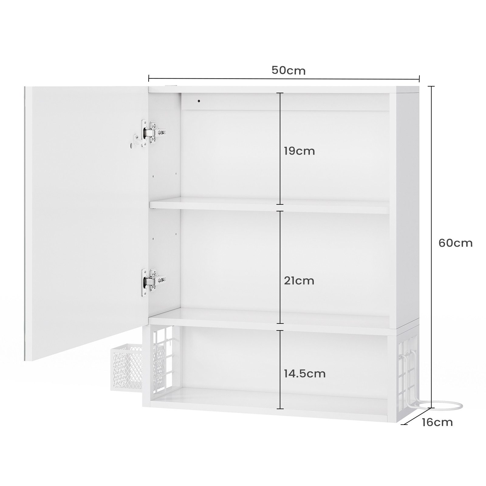 MSMASK Badezimmerspiegelschrank mit LED-Beleuchtung & Steckdose, Wandmontiert mit Stauraum (1-St) Spiegelschrank 50x16x60cm – Bild 2 von 5