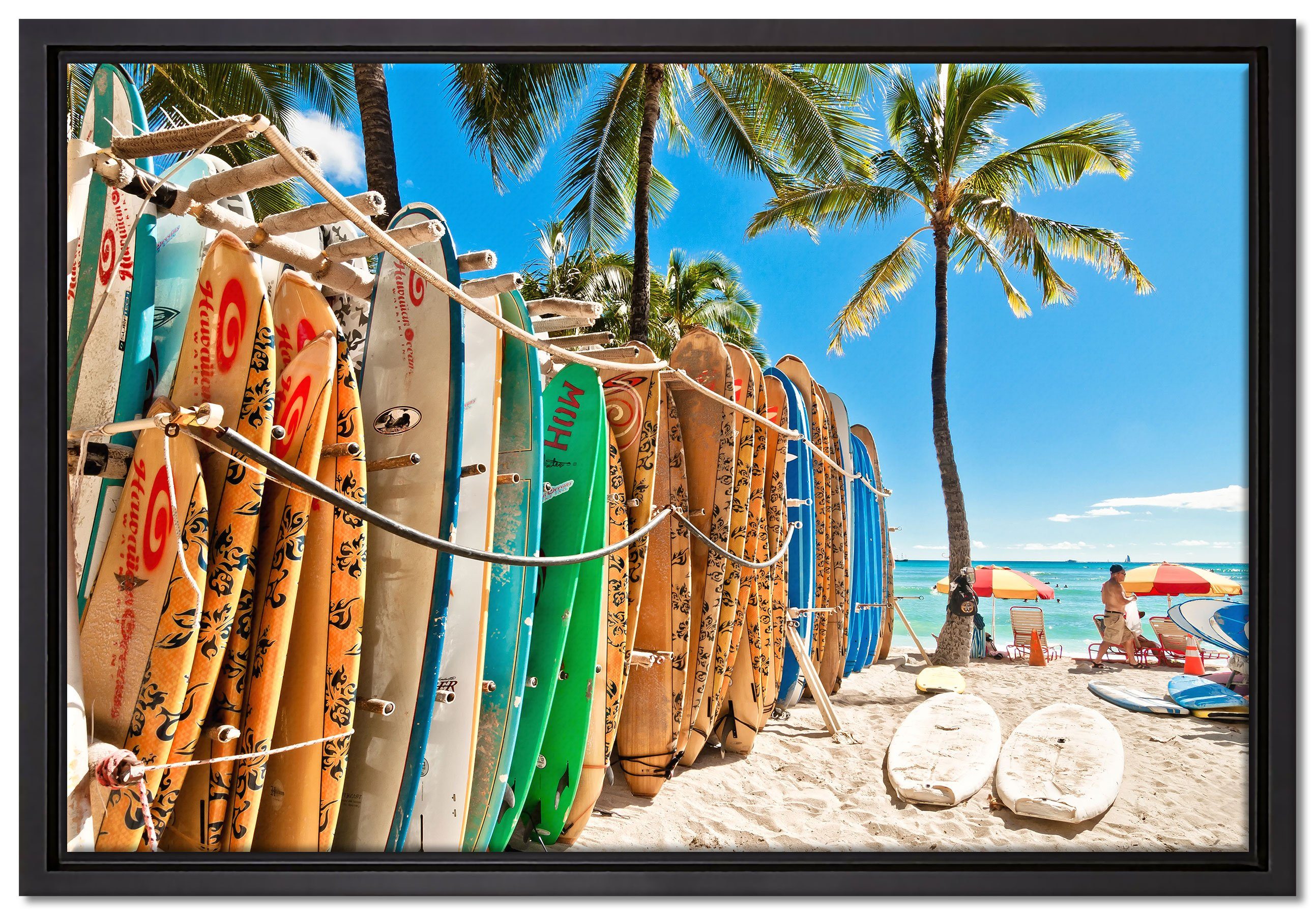 Pixxprint Leinwandbild Surfboards am Strand, Wanddekoration (1 St), Leinwandbild fertig bespannt, in einem Schattenfugen-Bilderrahmen gefasst, inkl. Zackenaufhänger