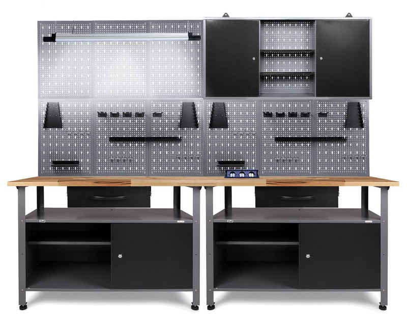ONDIS24 Werkstatt-Set »Werkstatt Werkstatteinrichtung 240cm Komplettset«, mit LED und Bluetooth Lautsprechern inkl. versenkbare Steckdosenleiste