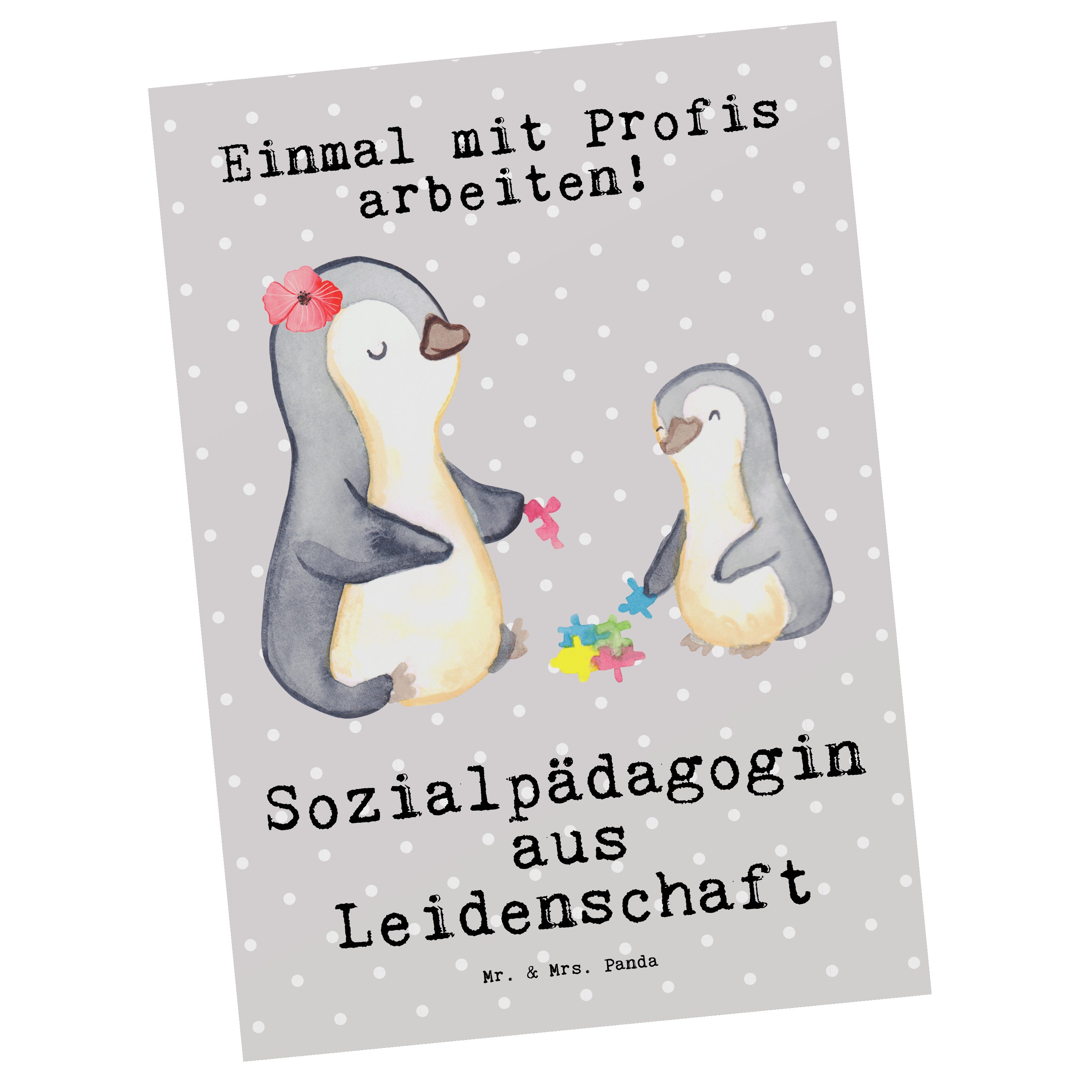 Mr. & Mrs. Panda Postkarte Sozialpädagogin aus Leidenschaft - Grau Pastell - Geschenk, Einladung