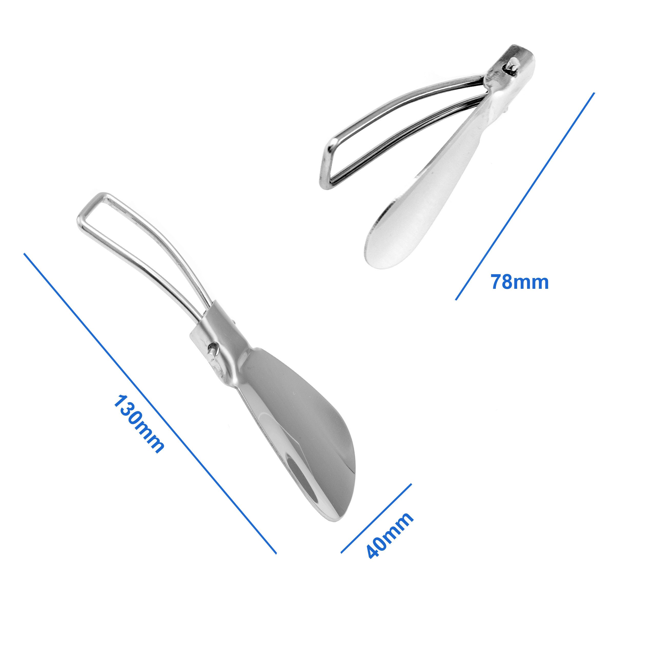Lantelme Schuhlöffel 2 Stück Edelstahl klappbar 13cm flach und klein Schuhanzieher Metall (2-tlg), Metall Schuhanziehhilfe mini für Zuhause und auf Reise