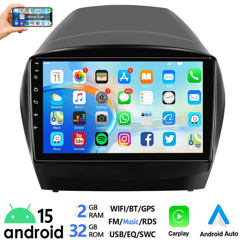 ESSGOO DAB+ 64G Android 15 Für Hyundai iX35 10-15 Carplay Bluetooth GPS WiFi Autoradio (RDS, 4+64GB(optional), FM, AM, DAB+ (optional), Apple Carplay Android Auto GPS Navi WIFI BT EQ)