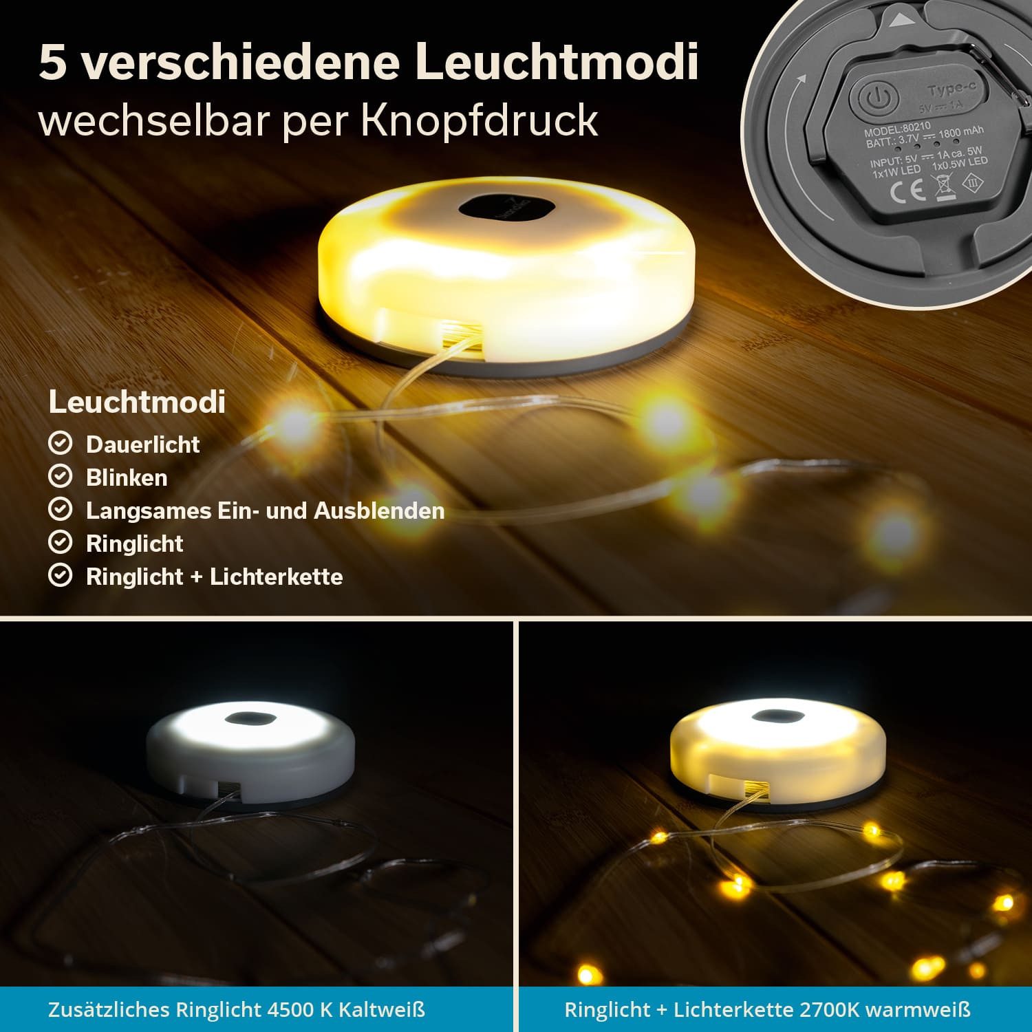 Skandika LED Gartenleuchte Campinglampe Glittra, wiederaufladbare LED Lampe, 2 Lichtfarben, bis 210 Lumen, mit USB Typ C Ladekabel