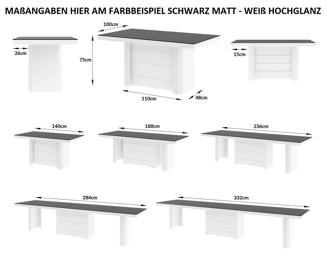 designimpex Esstisch Design Tisch HE-777 Weiß MATT / HOCHGLANZ XXL ausziehbar 140 bis 332