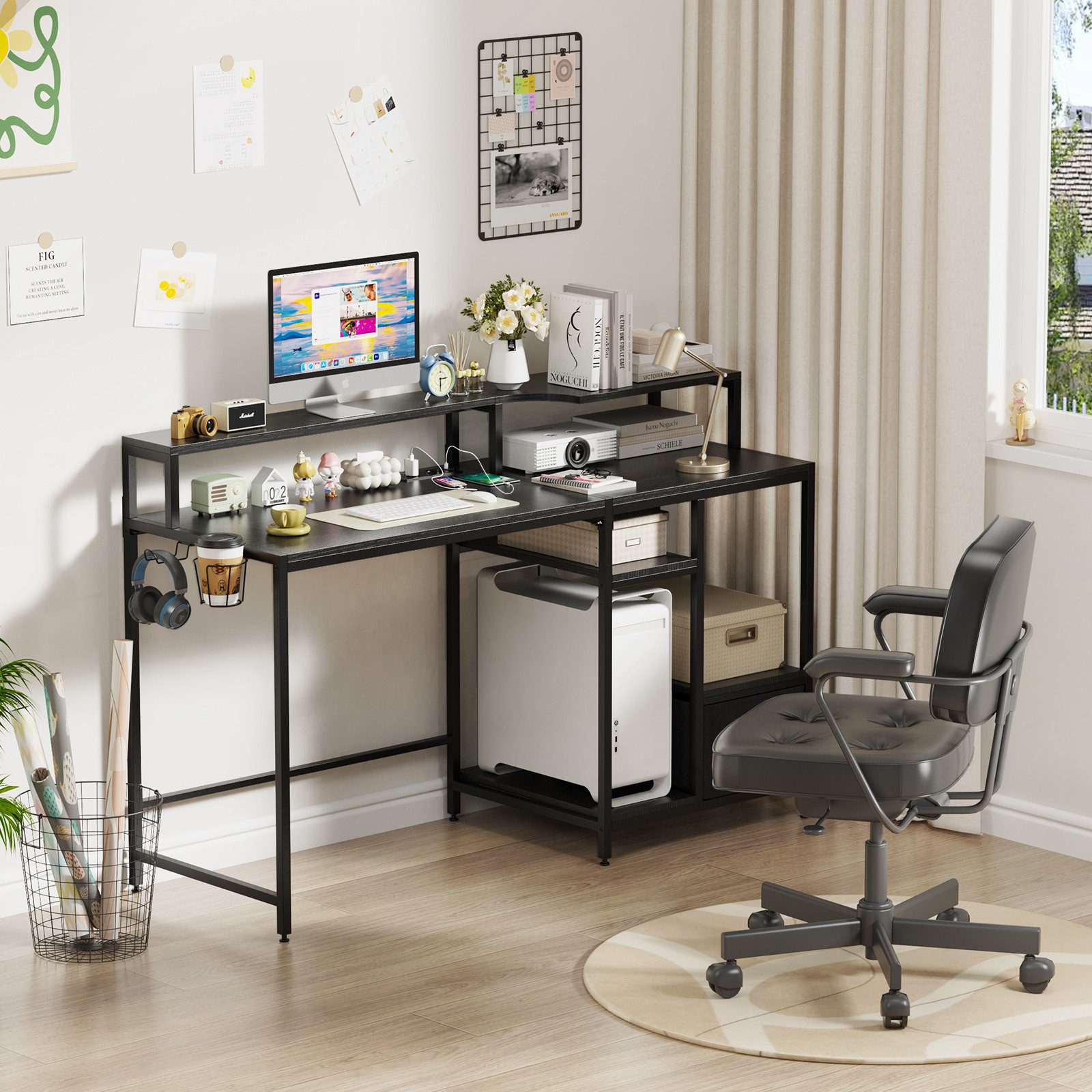 JEOBEST Schreibtisch Computertisch mit Schubladen Regal, Gaming Tisch mit Monitorständer, (1 Tisch), Stabil Stahlgestell Industrie-Design, für Büro, Heimbüro
