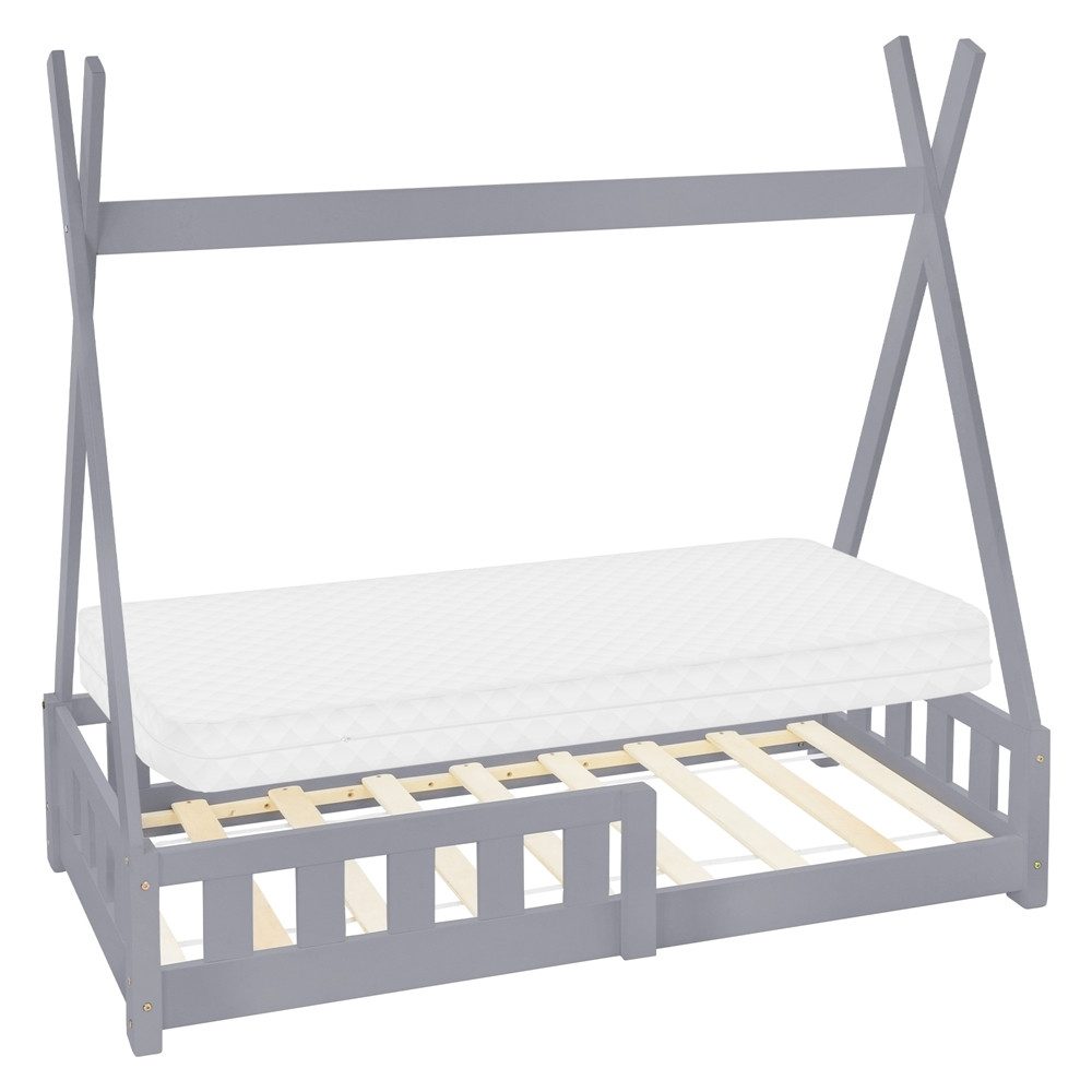 ML-DESIGN Spielbett Hausbett Tipi Zeltbett inkl. Lattenrost Bodenbett Kinder Himmelbett, Abenteuerbett mit Rausfallschutz Zelt Bett Kiefer Grau Kinderhaus