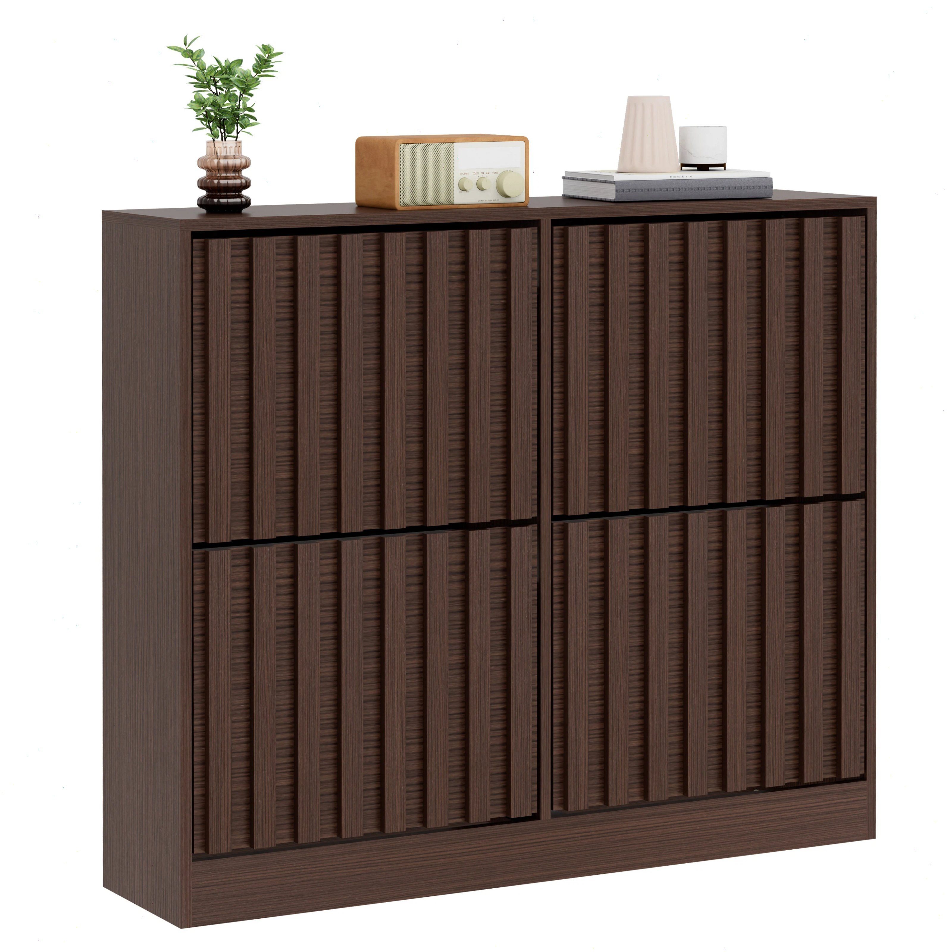 UEV Schuhschrank mit 4 Klappen, Schuhregal Schmal, Schuhkipper (Packung, Schuhkommode mit Anti-Kipp System) verstellbare und herausnehmbare Trennwände für verschiedene Schuhtypen